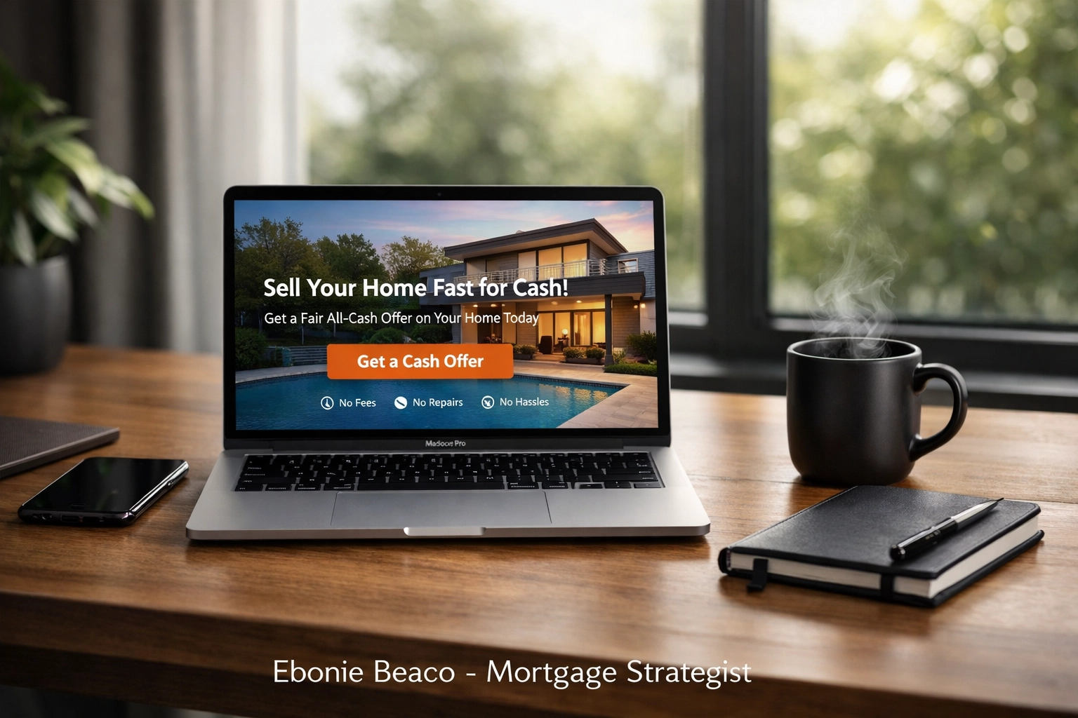 Laptop displaying a real estate wholesaling website for automated motivated seller lead generation.