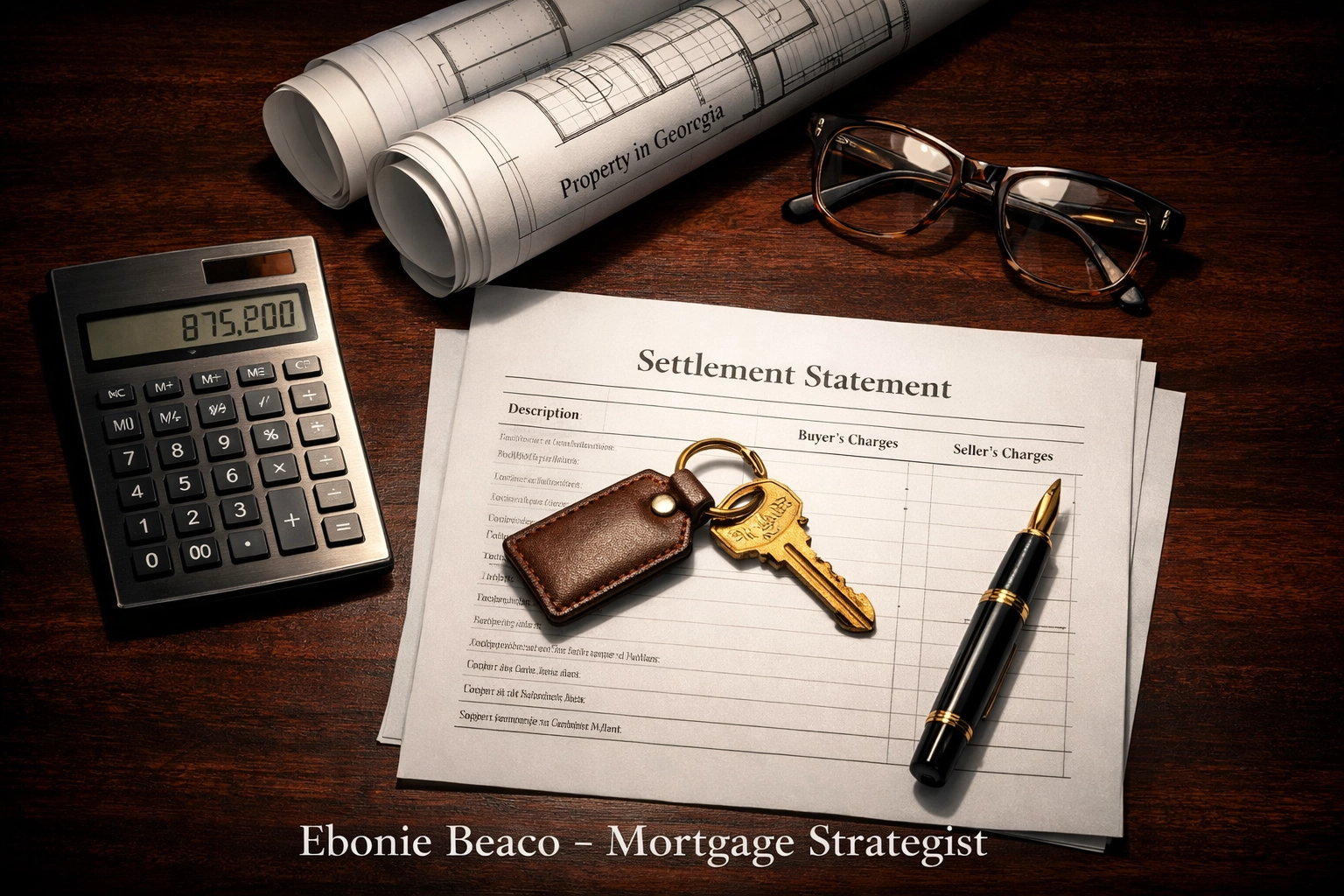 Investment blueprints and financial documents on a desk for calculating Atlanta hard money loan costs.