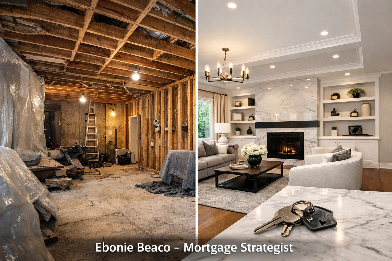 Before and after split view of a high-end Atlanta home renovation project and fix and flip progress.