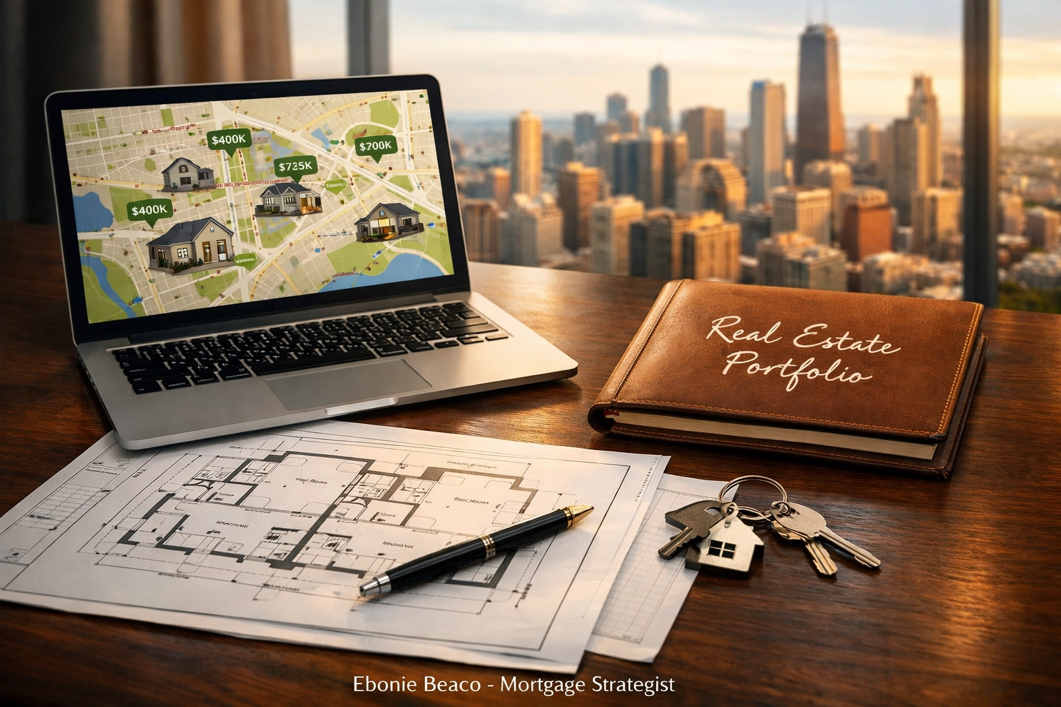 Real estate investor desk with blueprints and property maps illustrating a portfolio growth strategy using a HELOC.