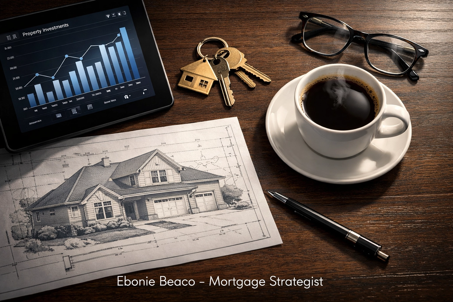 Real estate investor desk with financial charts and house keys for wholesaling deal analysis.