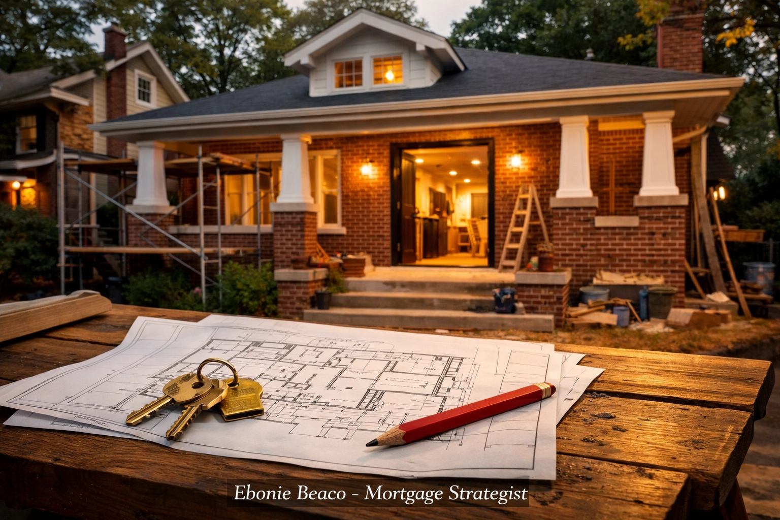 Virginia home renovation project funded by equity, featuring architectural blueprints and house keys.