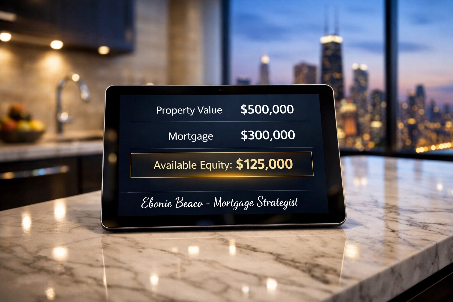 Tablet showing home equity calculation for a Chicago property, illustrating available funds for a HELOC.