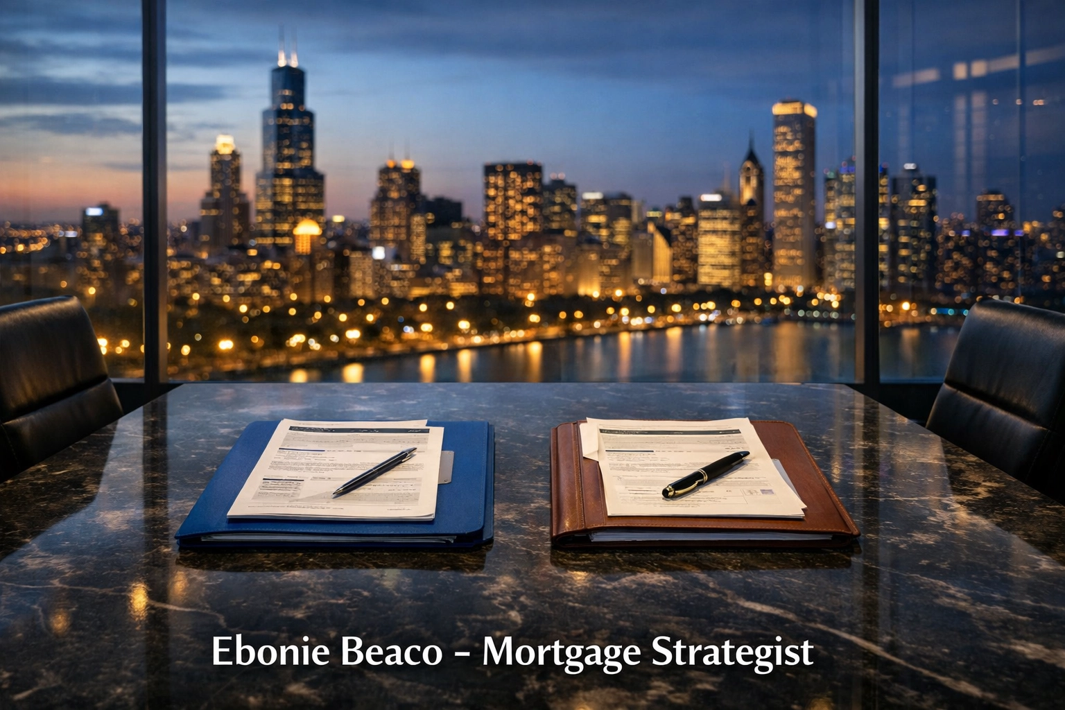 Legal folders representing a real estate double closing and transactional funding in a professional office setting.