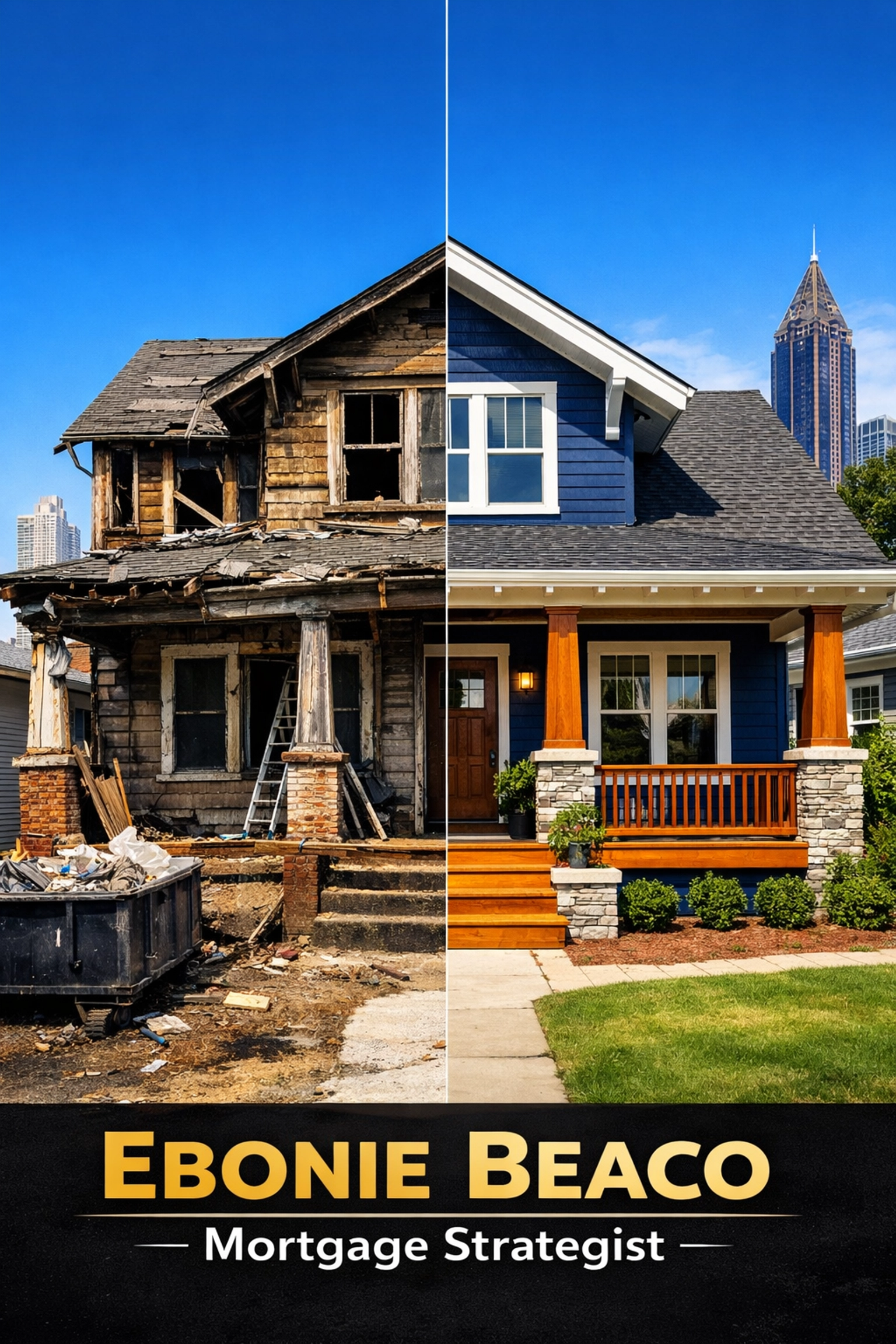 Comparison of a distressed property and a renovated craftsman house, showing investment potential for cash buyers.