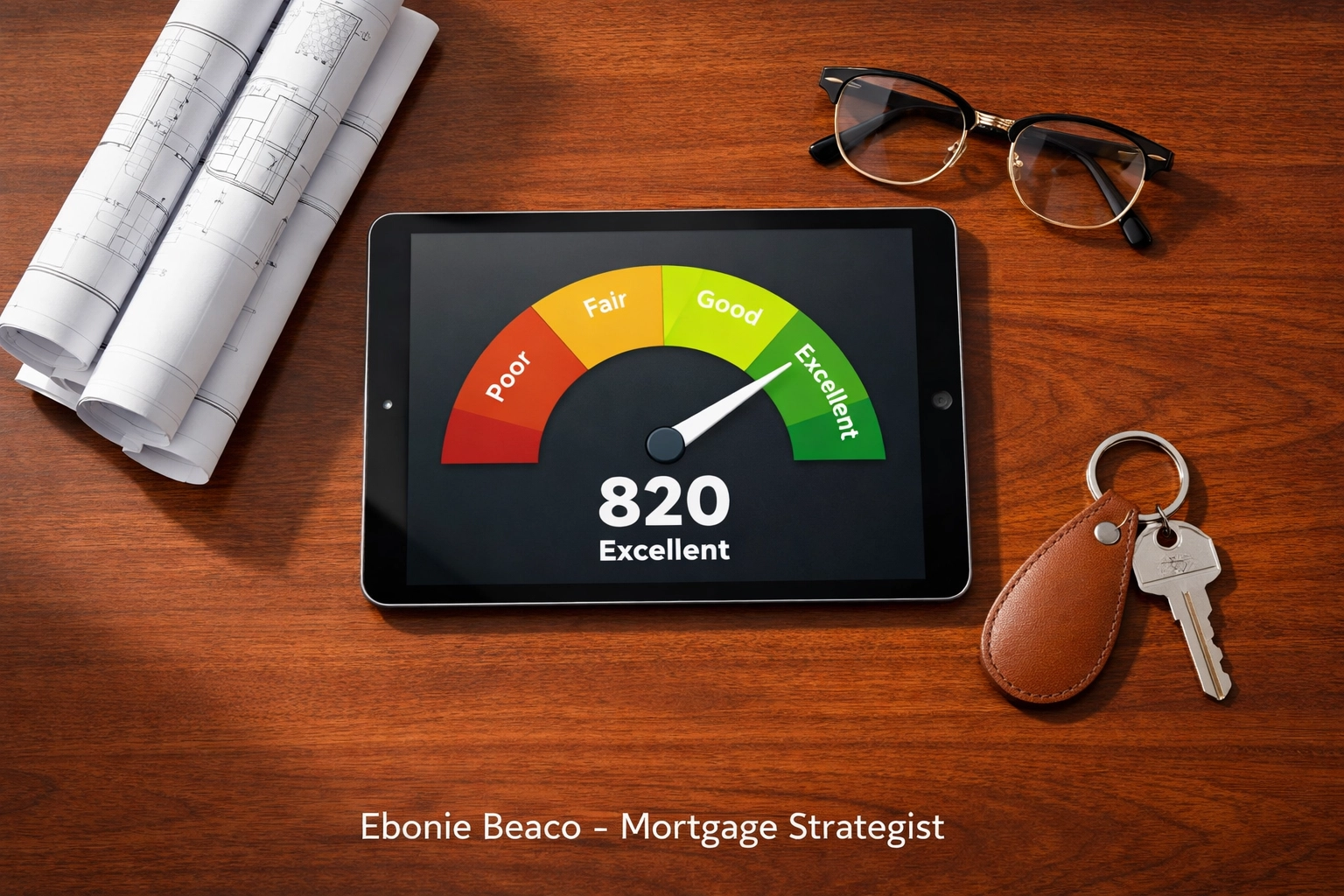 Desk with excellent credit score display and house plans preparing for a mortgage loan application.