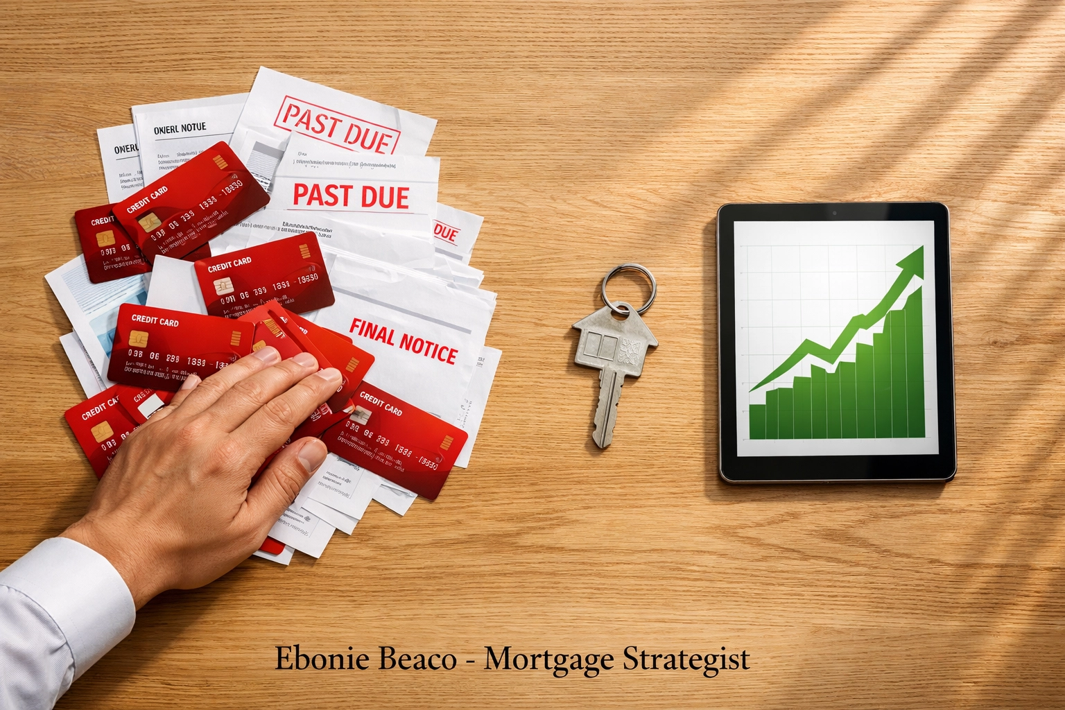 Consolidating credit card debt with a Home Equity Line of Credit on a professional desk.