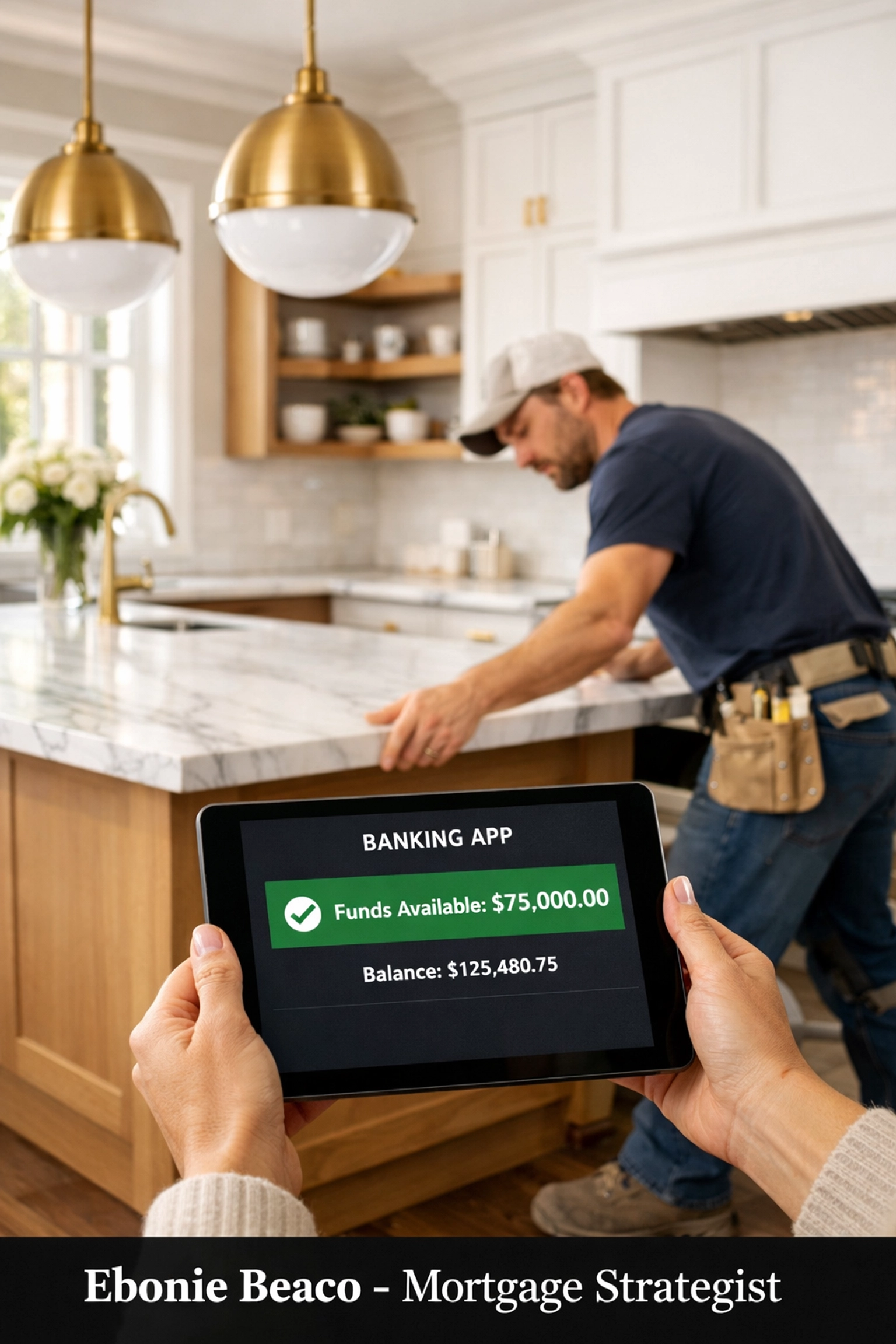 Homeowner accessing fast HELOC funds on a tablet for an upscale kitchen renovation project.