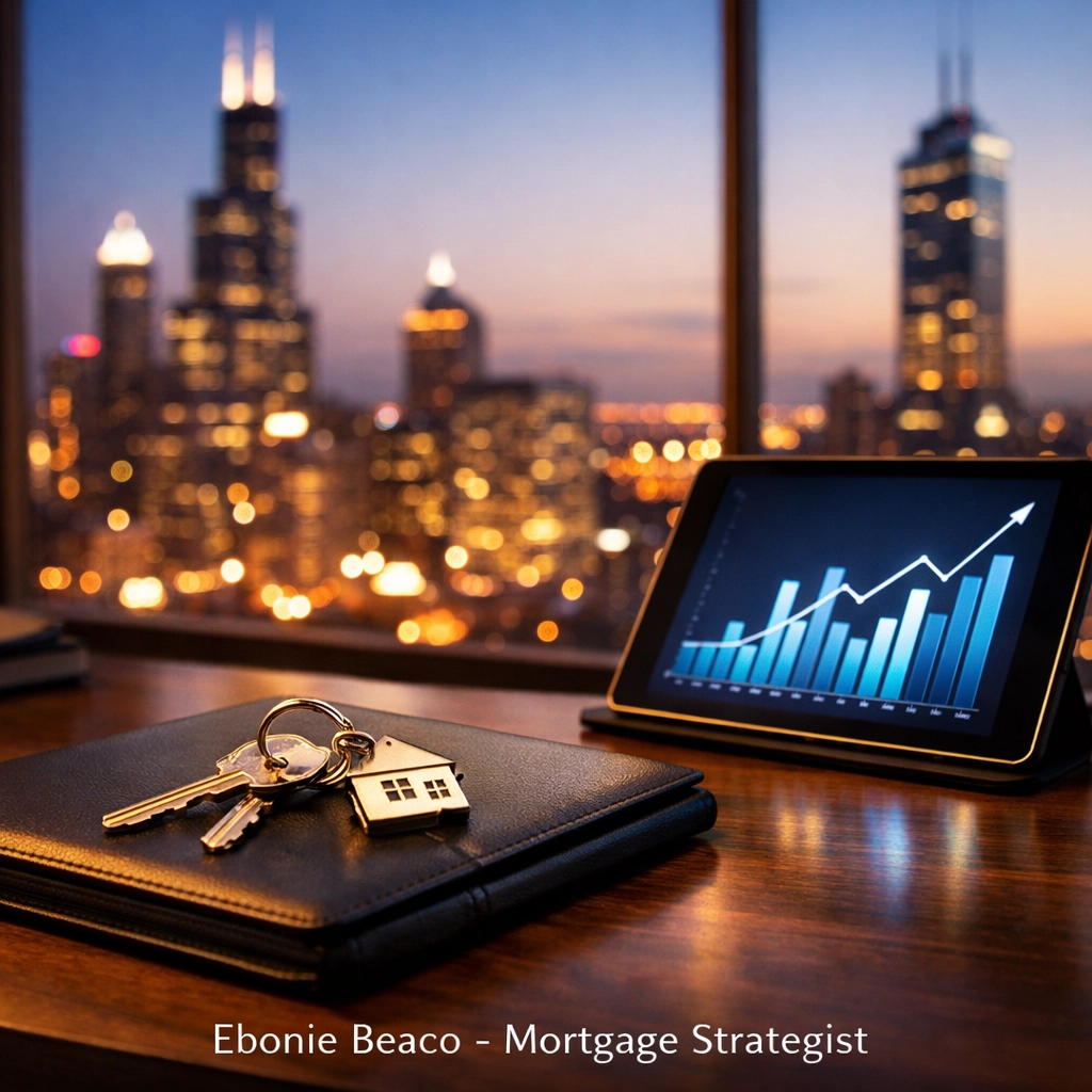 House keys and mortgage data overlooking the Chicago skyline for luxury real estate investment financing.