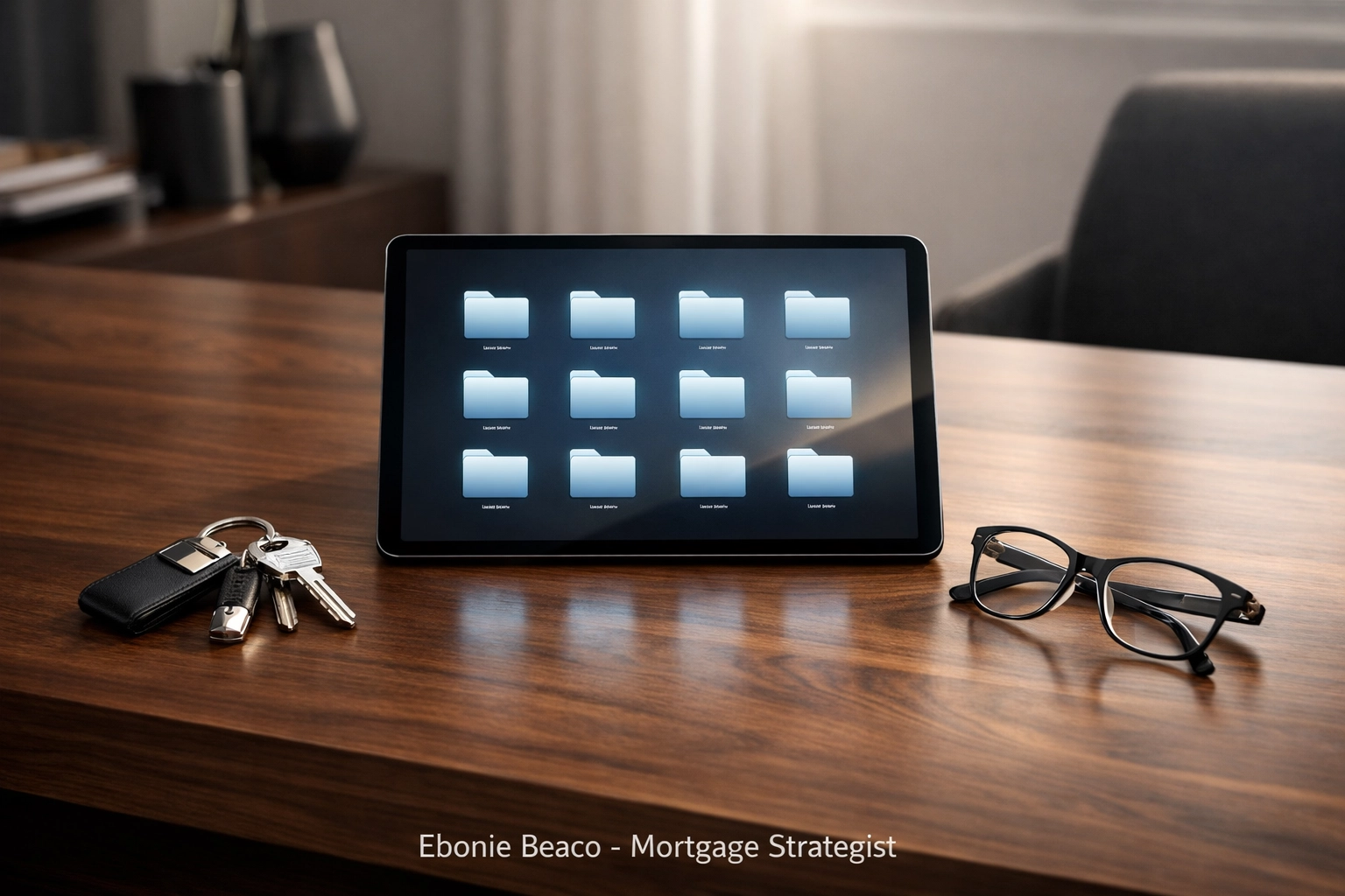 Organized digital folders on a tablet next to house keys for a streamlined mortgage application process.