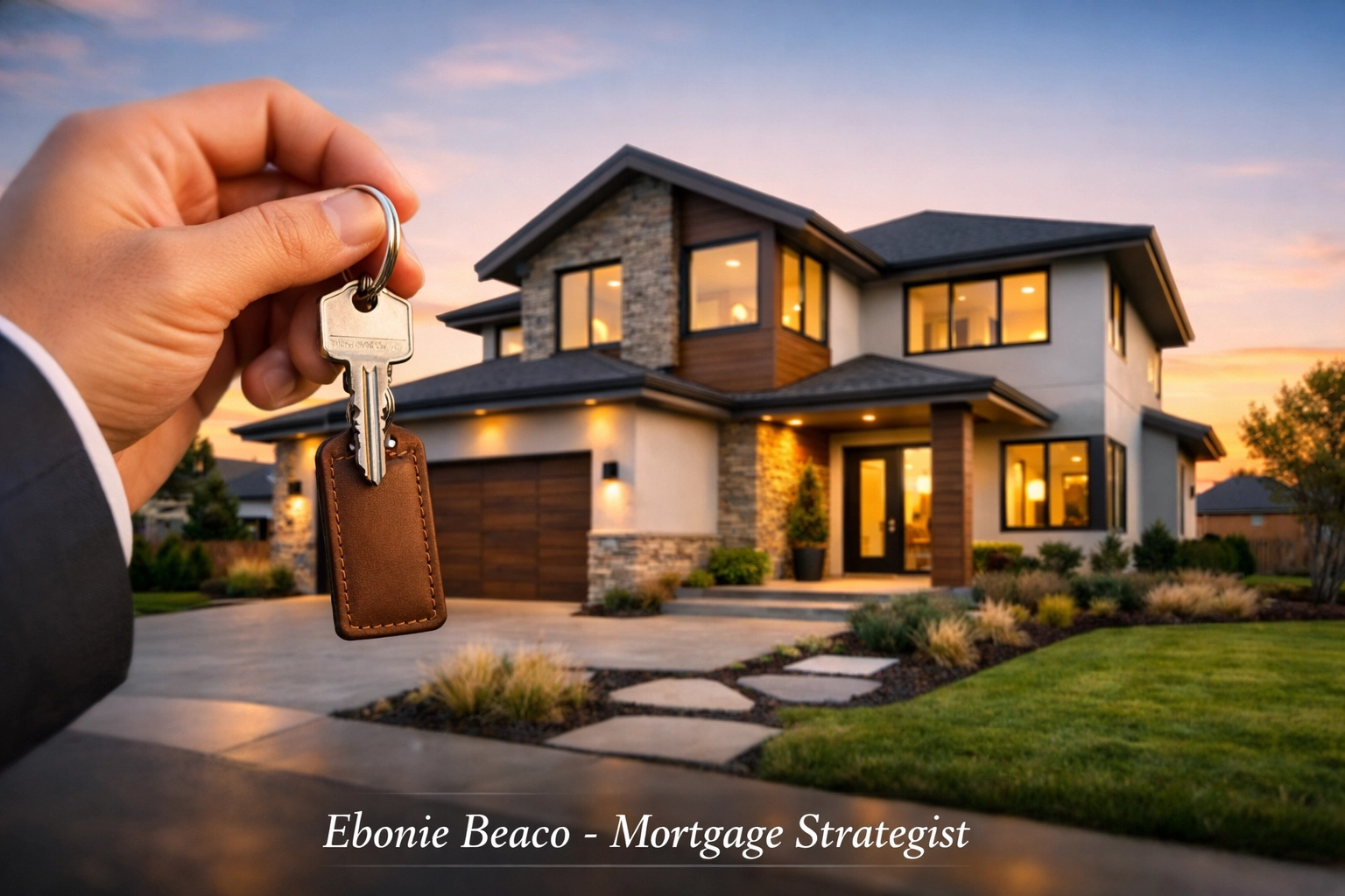 Hand holding house keys in front of a modern suburban home, representing home equity access through a HELOC.