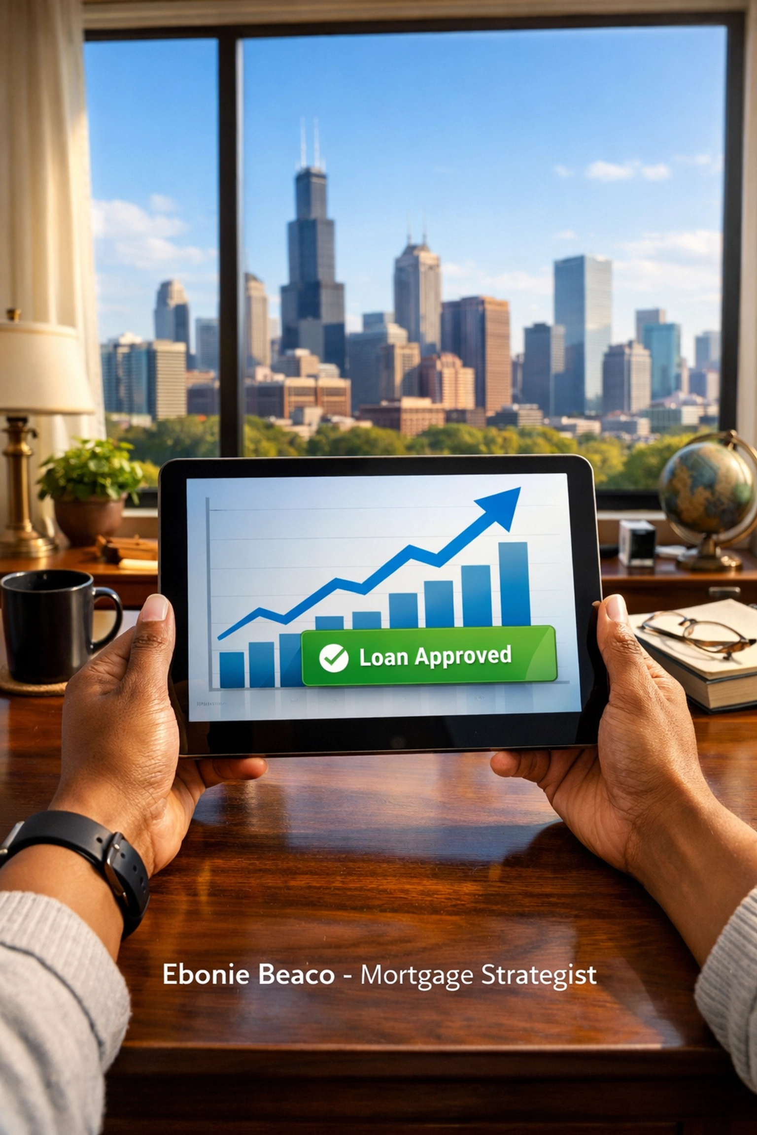 Homeowner viewing a California HELOC approval and financial growth chart on a digital tablet in an office.