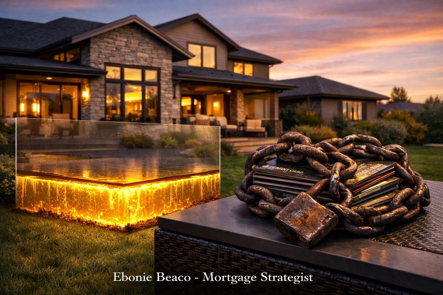 Modern home showing trapped home equity and chained credit cards representing high-interest debt payoff struggles.