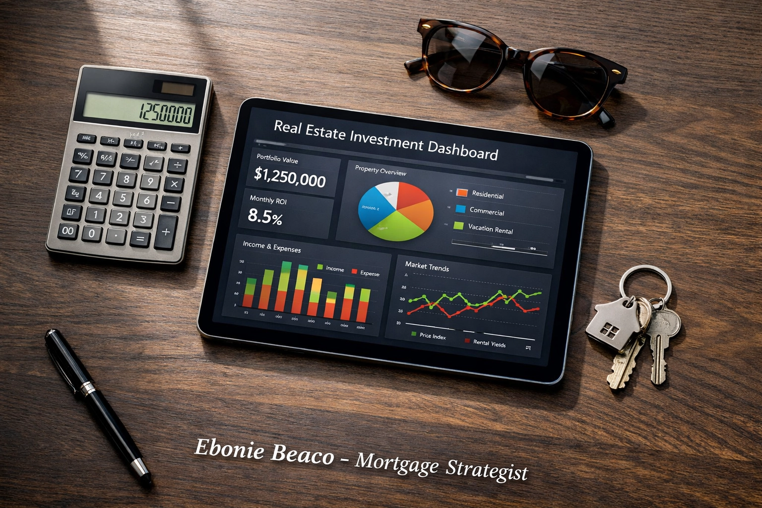 Real estate investment analysis tools on a desk, including a calculator and house keys for an ARV deal.