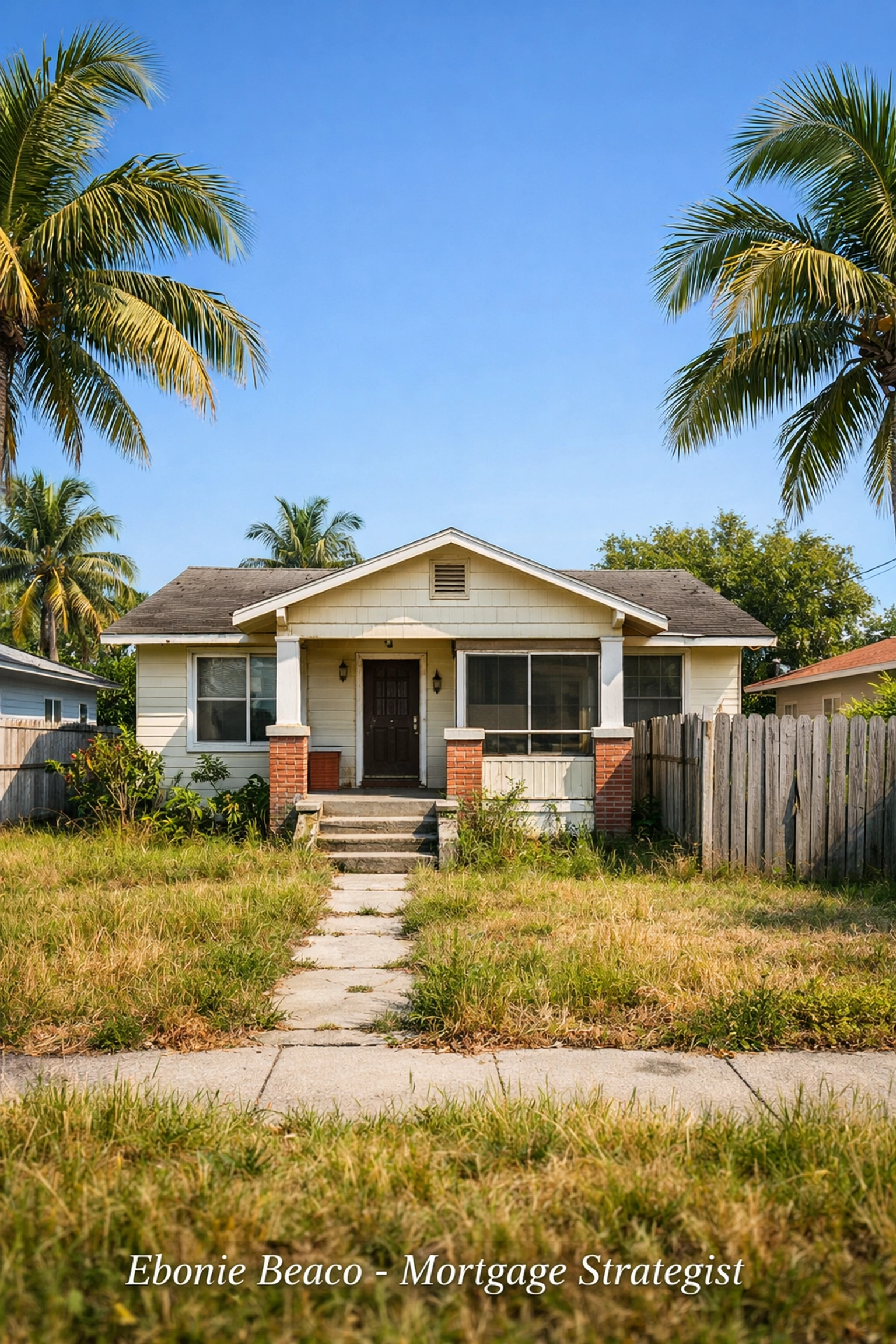 Distressed Florida bungalow with an overgrown lawn, a prime off-market deal for real estate wholesalers.