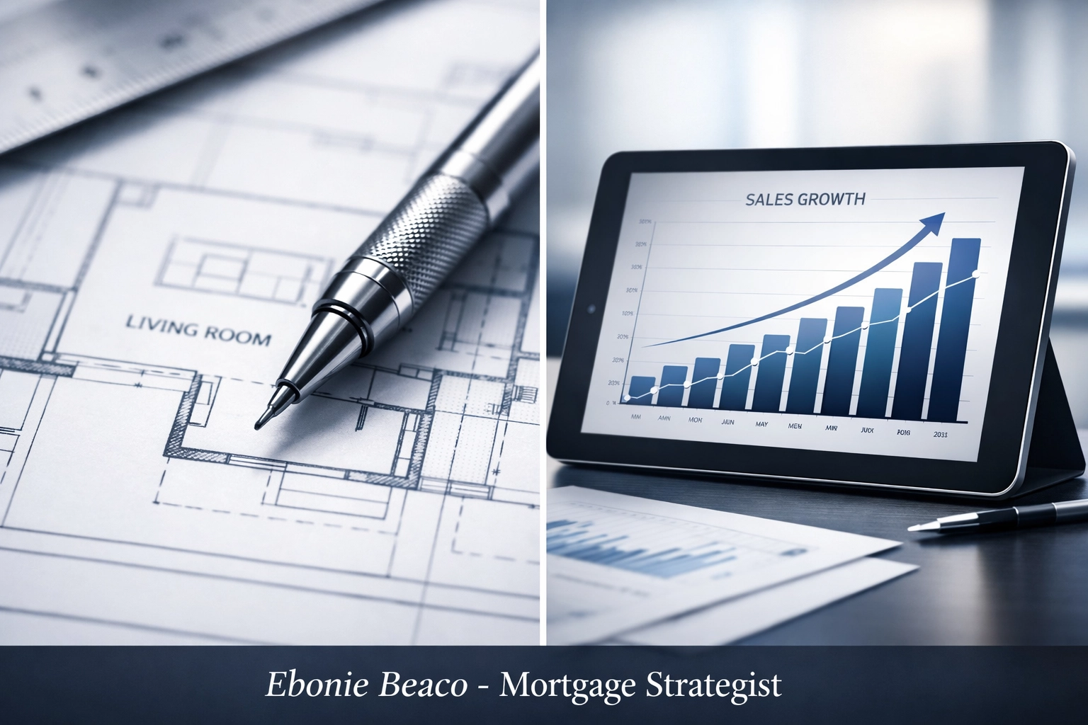 Home renovation architectural blueprints and a financial chart comparing mortgage loan options for equity access.