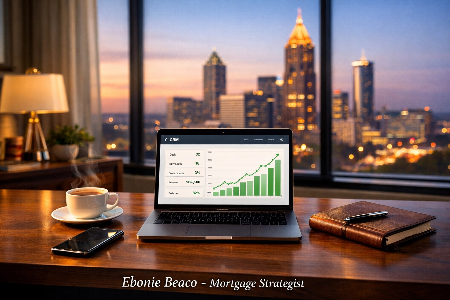 Modern Atlanta home office with a CRM dashboard showing business growth for real estate wholesale scaling.