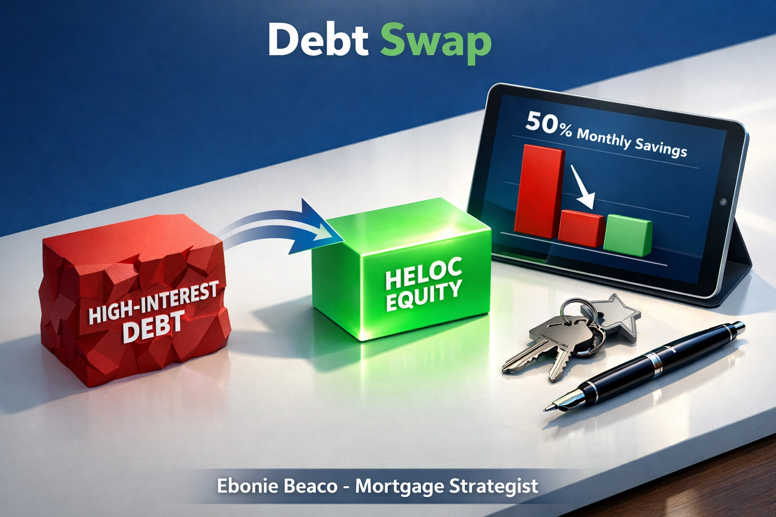 Visualizing debt consolidation: replacing high-interest loans with home equity to lower monthly mortgage costs.