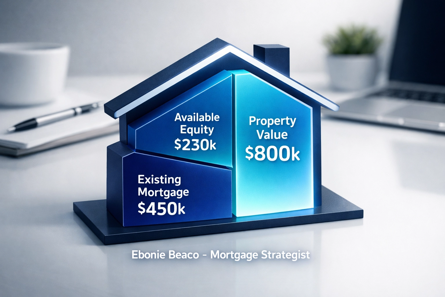 Financial infographic showing home equity calculation with mortgage balance and available credit.