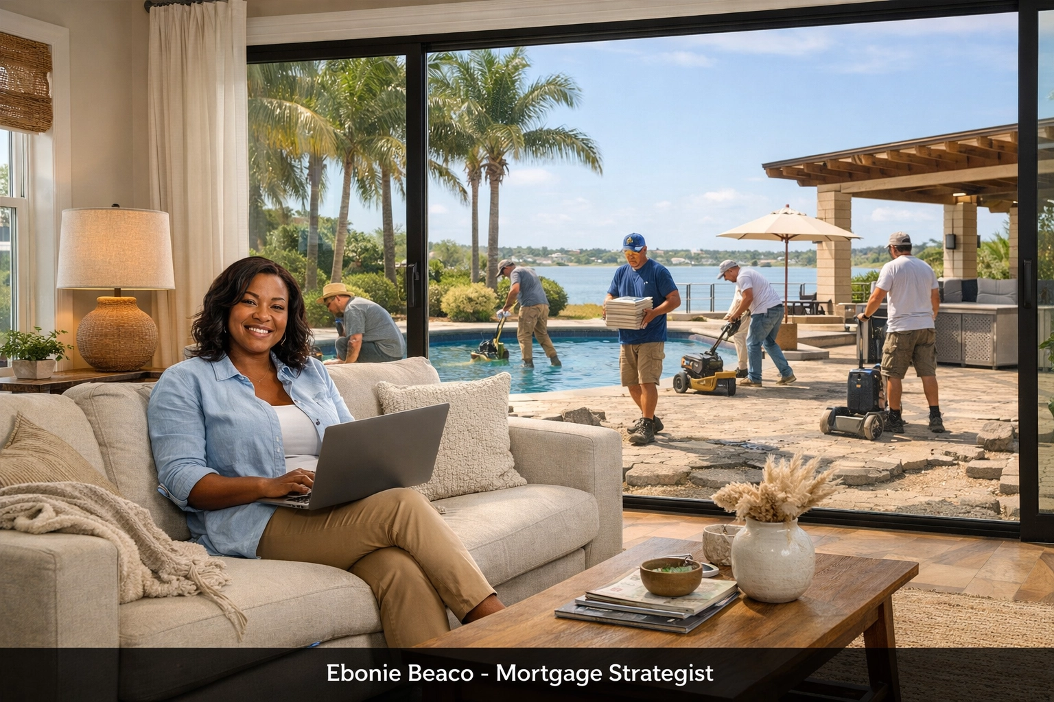 Homeowner in Florida managing a luxury pool deck renovation using a fast home equity line of credit.