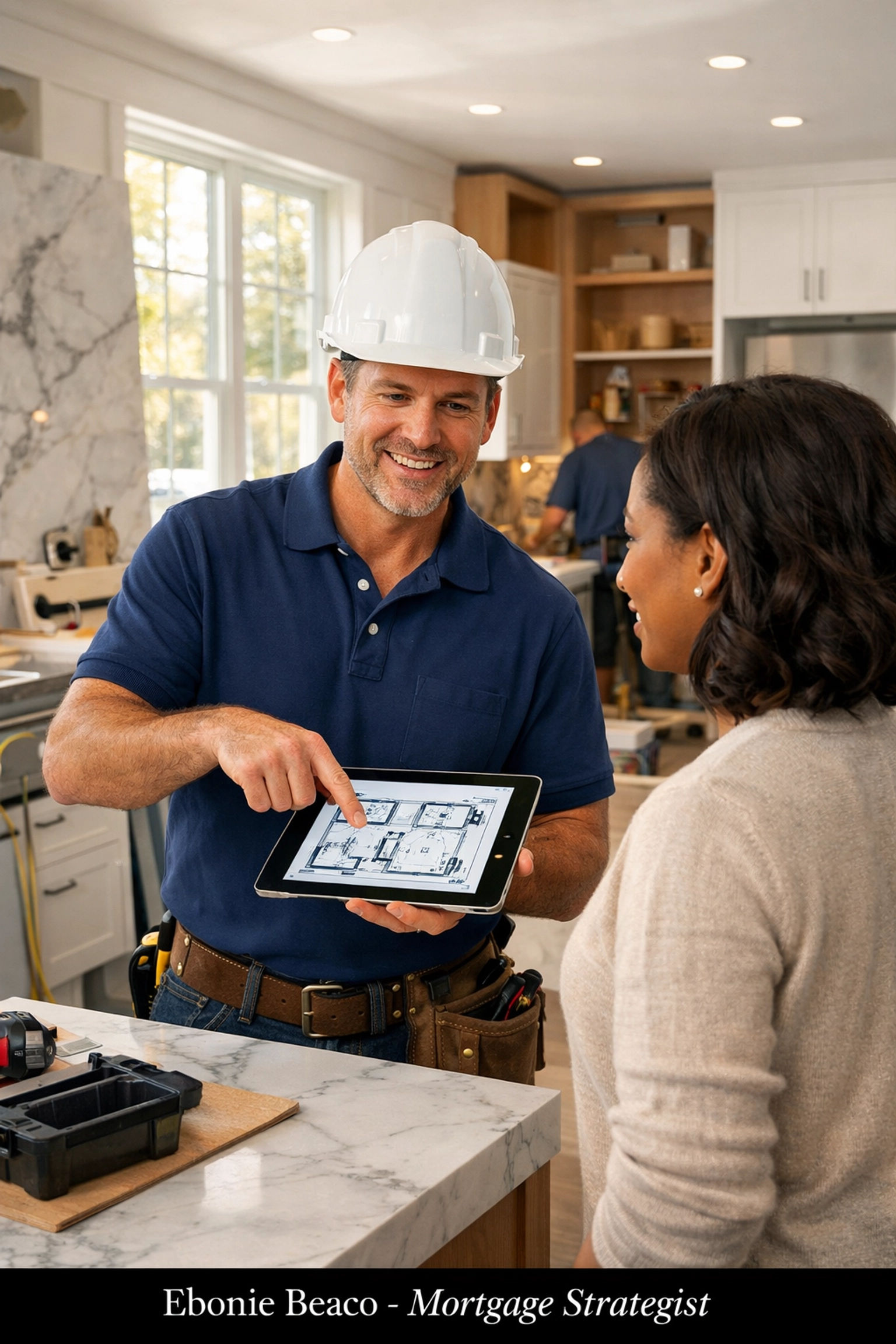 Contractor discussing California kitchen renovation plans with a homeowner using a digital tablet.