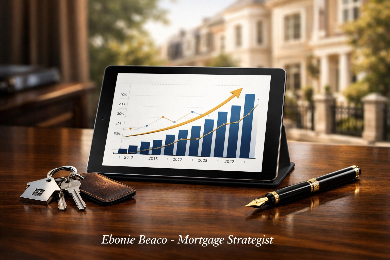 Financial growth chart and house keys symbolizing a successful jumbo loan process and investment strategy.