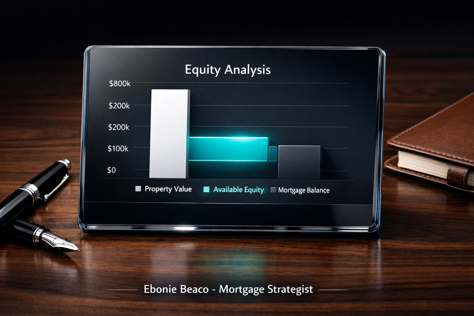 Financial chart showing home equity calculation by comparing property value to mortgage balance.