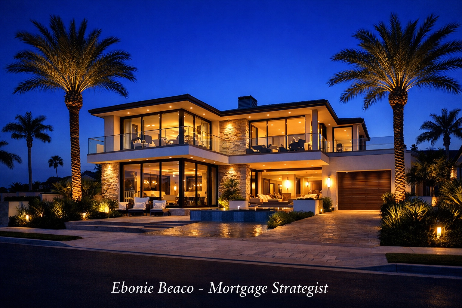 Modern luxury home at twilight representing high California and Florida property values for a HELOC.