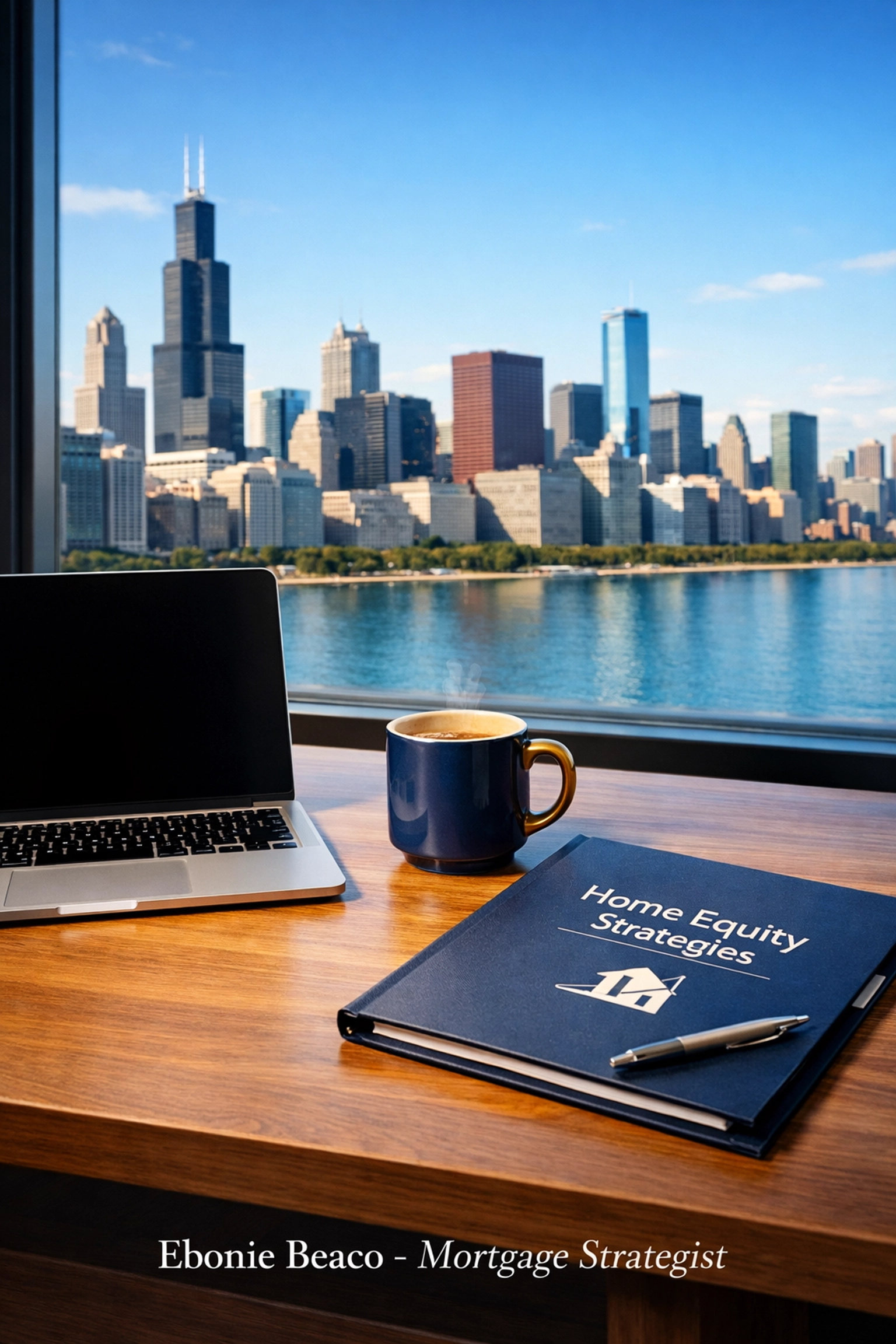 Professional office desk with city skyline view focusing on mortgage strategies and home equity.