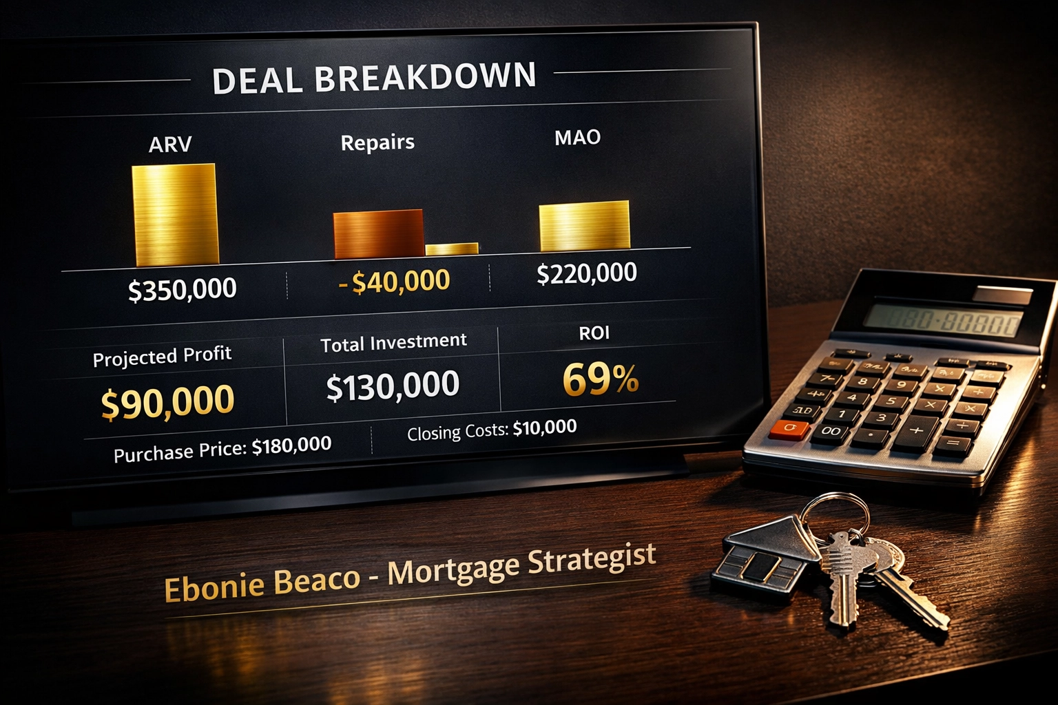 Real estate wholesaling dashboard calculating ARV and MAO for off-market property deals in California and Atlanta.