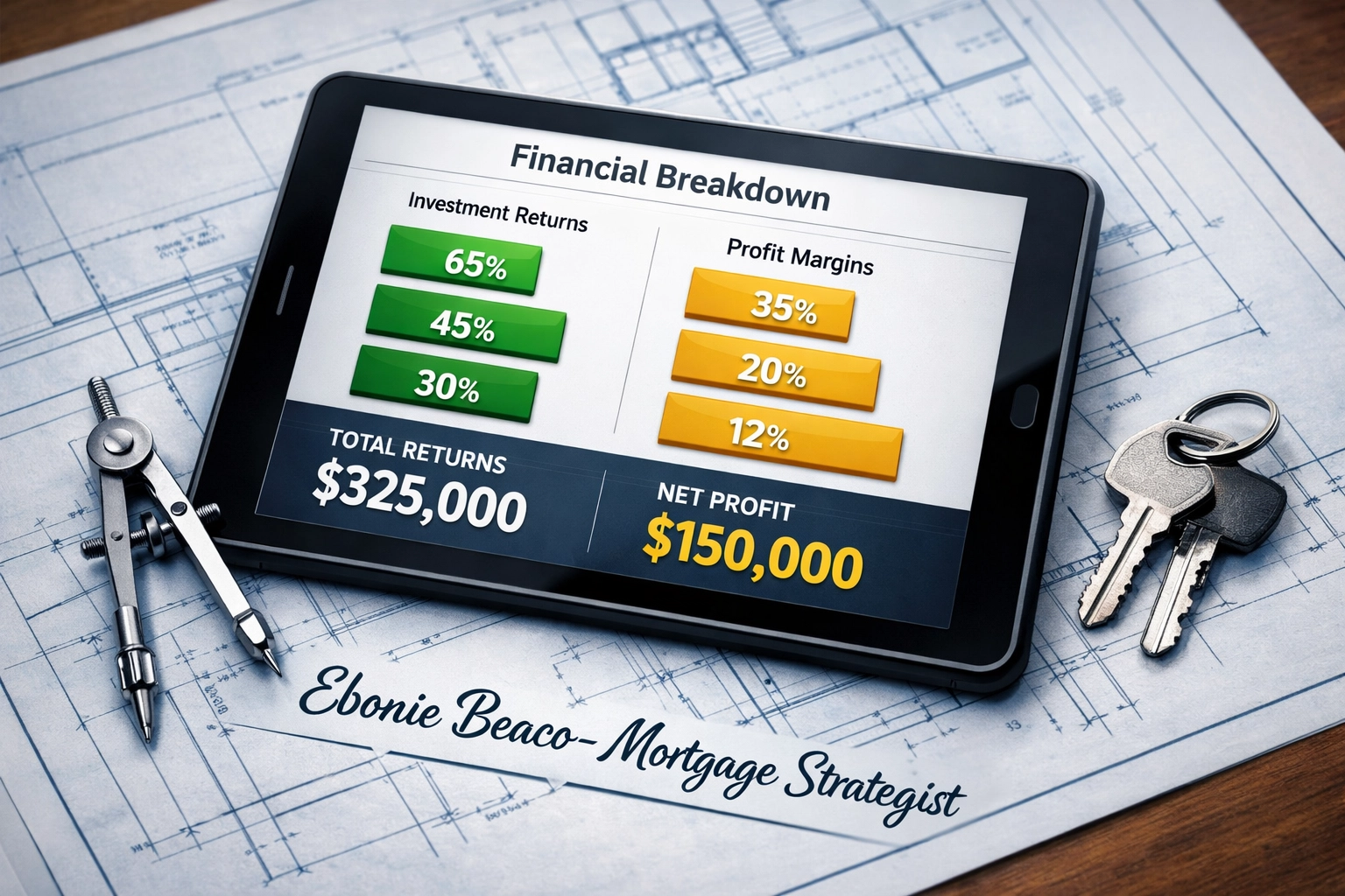 Financial chart on a digital tablet displaying real estate investment profit and wholesale assignment fee calculations.