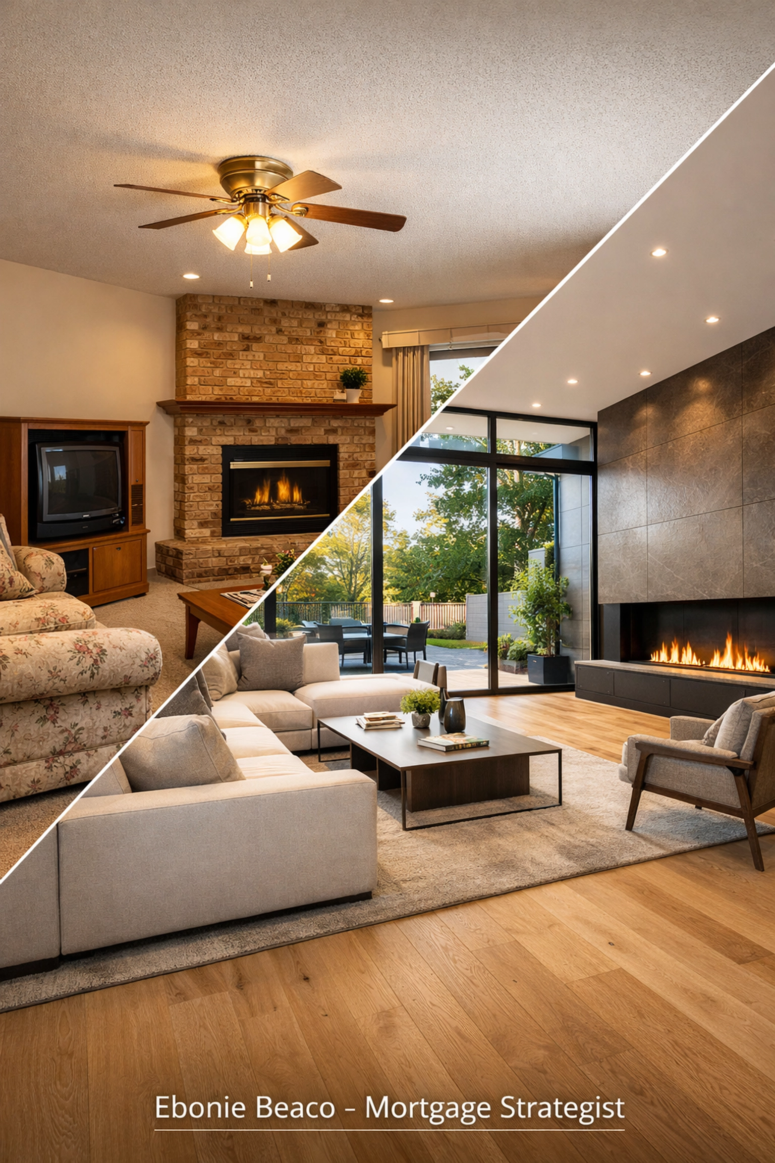 Before and after home renovation comparison showing a modern living room upgrade using home equity.