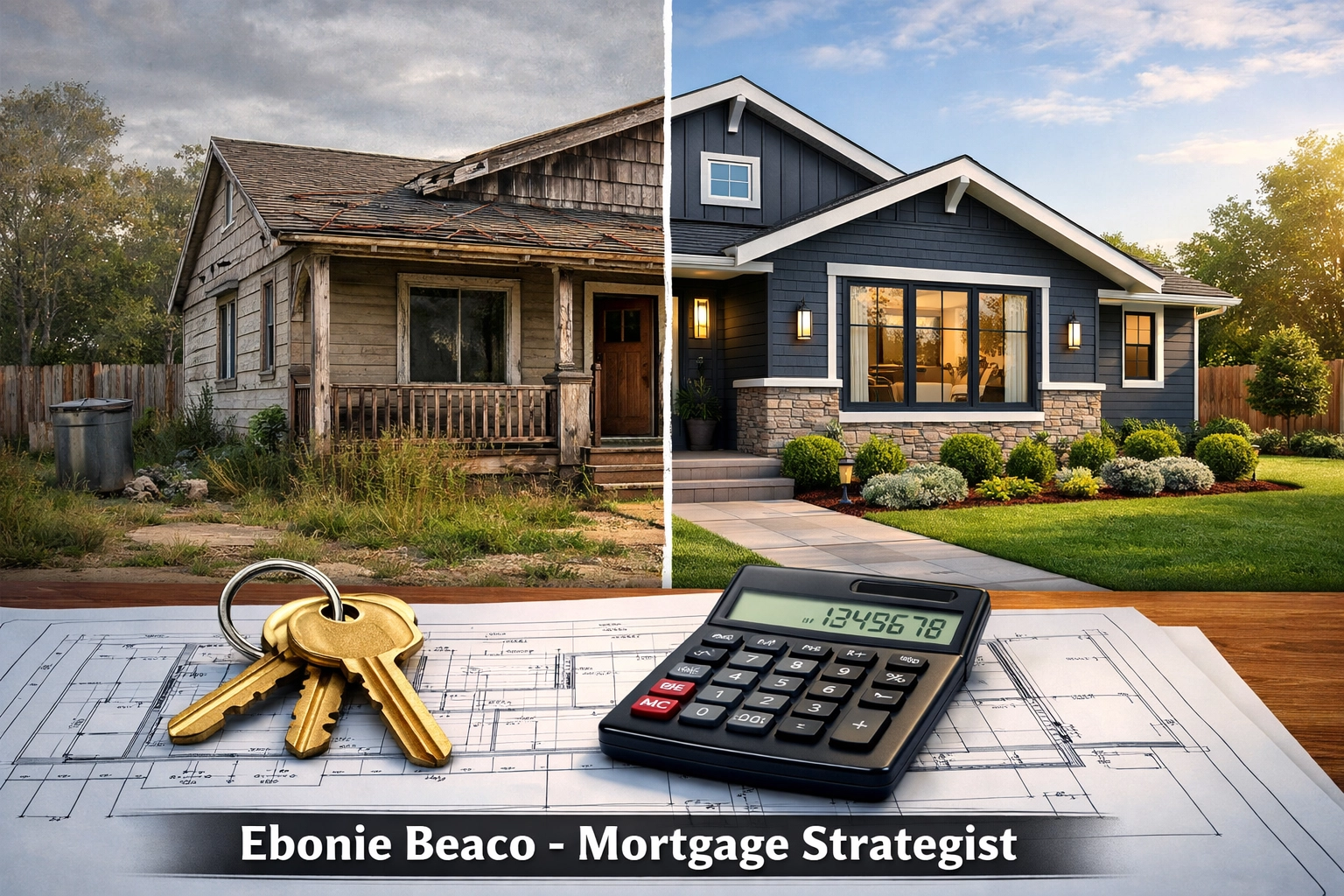 Before and after home renovation project demonstrating real estate wholesale deal math and profit potential.