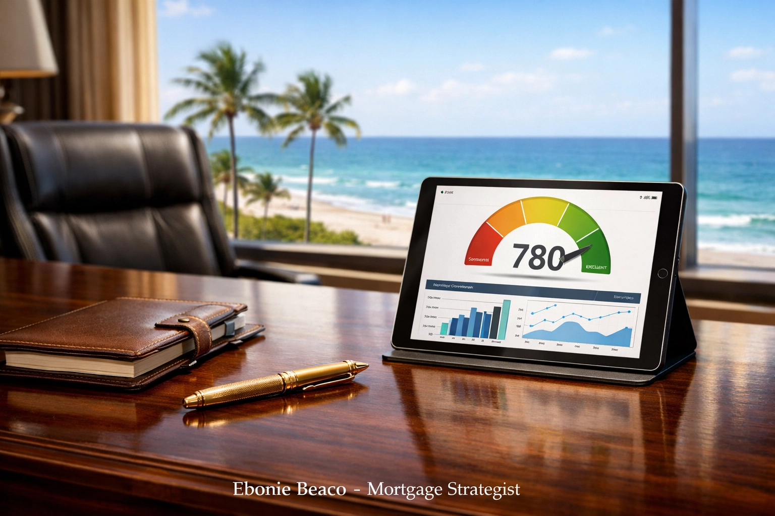 Executive desk with a high credit score display for Florida jumbo loan mortgage qualification.