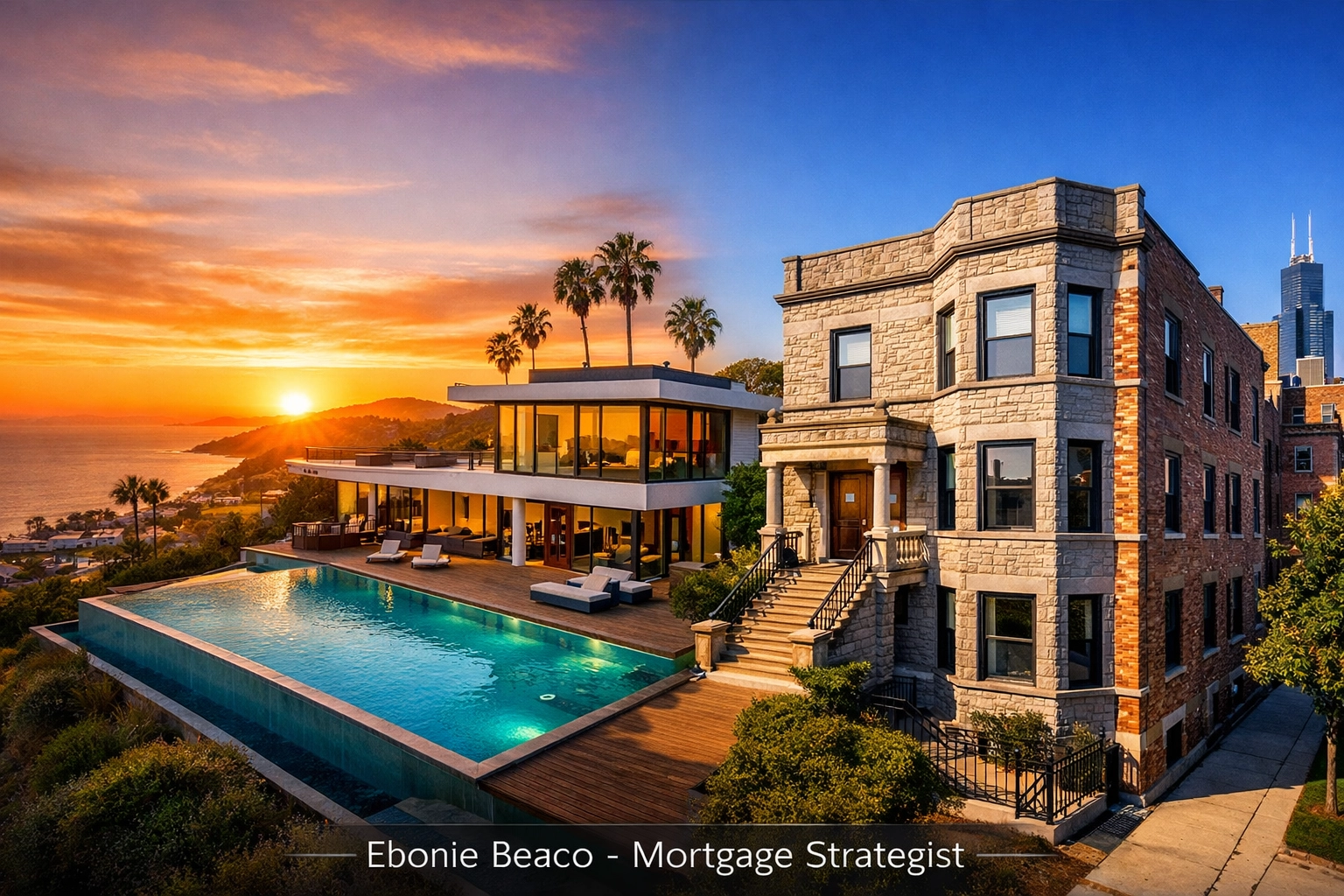 Comparison of a California villa and a Chicago greystone building for fix and flip investment opportunities.