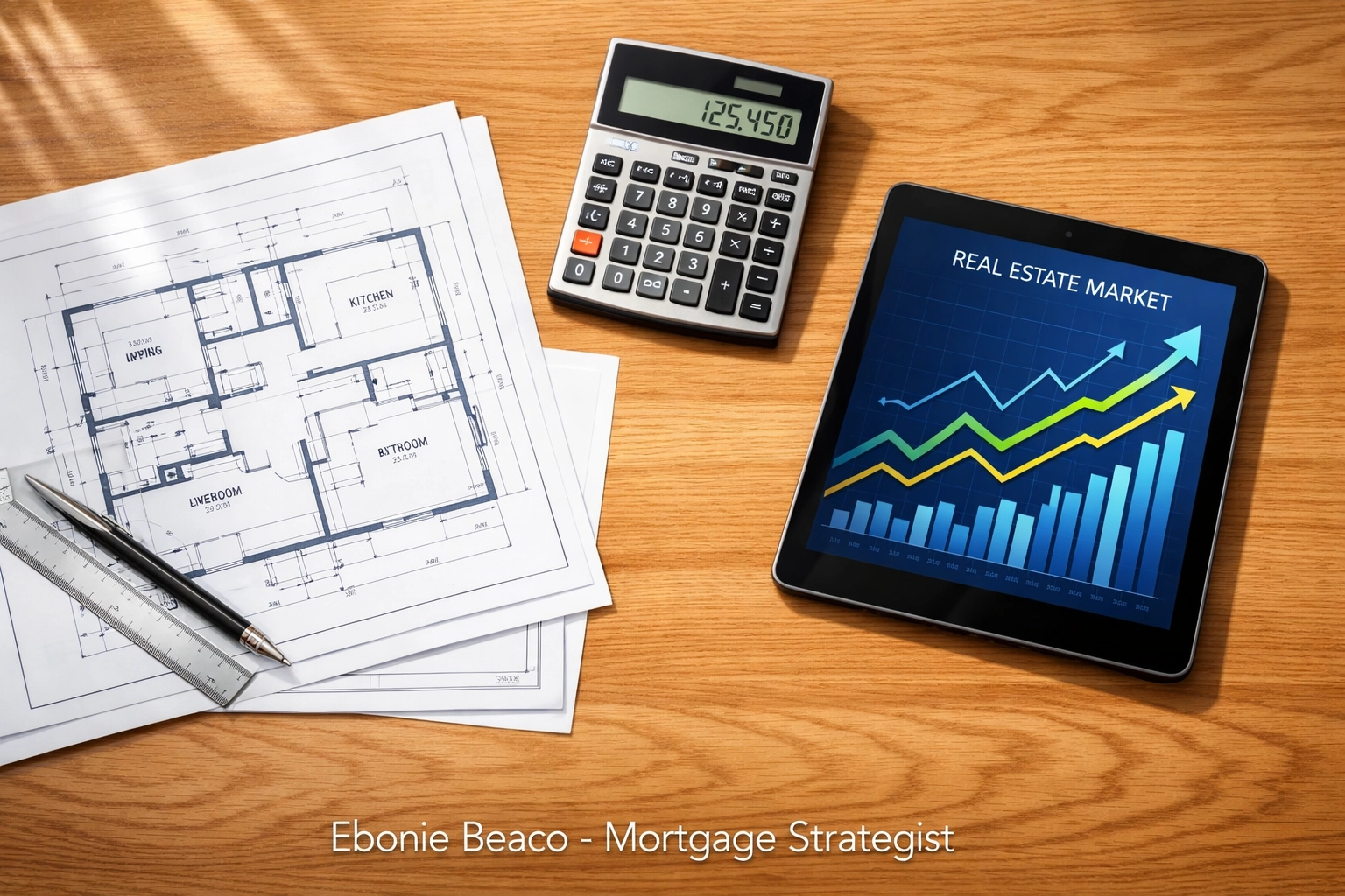 Real estate investment blueprints and financial growth charts on a desk for fix and flip loan planning.