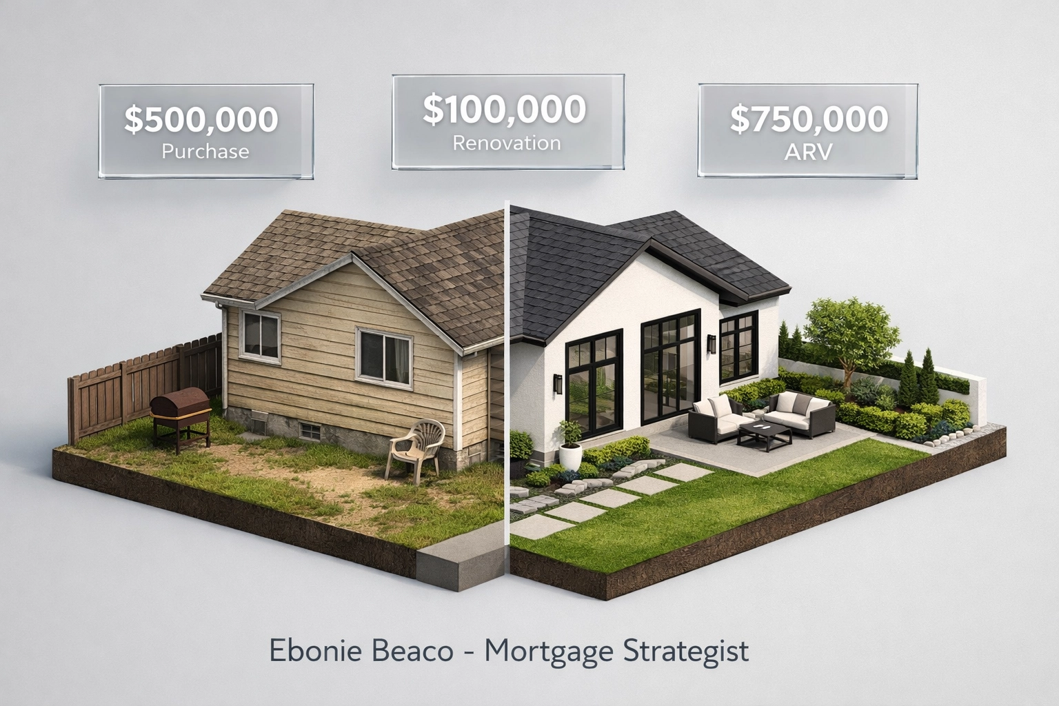 Fix and flip property transformation showing the before and after renovation costs and after repair value (ARV).