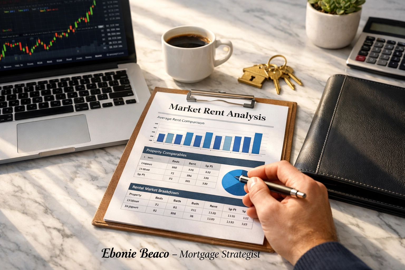 Real estate investor workspace with market rent analysis documents and property keys.