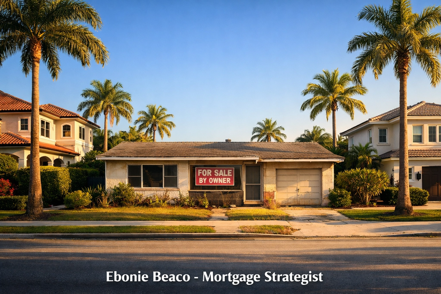 Distressed Florida property with a For Sale By Owner sign, illustrating off-market real estate wholesaling deals.