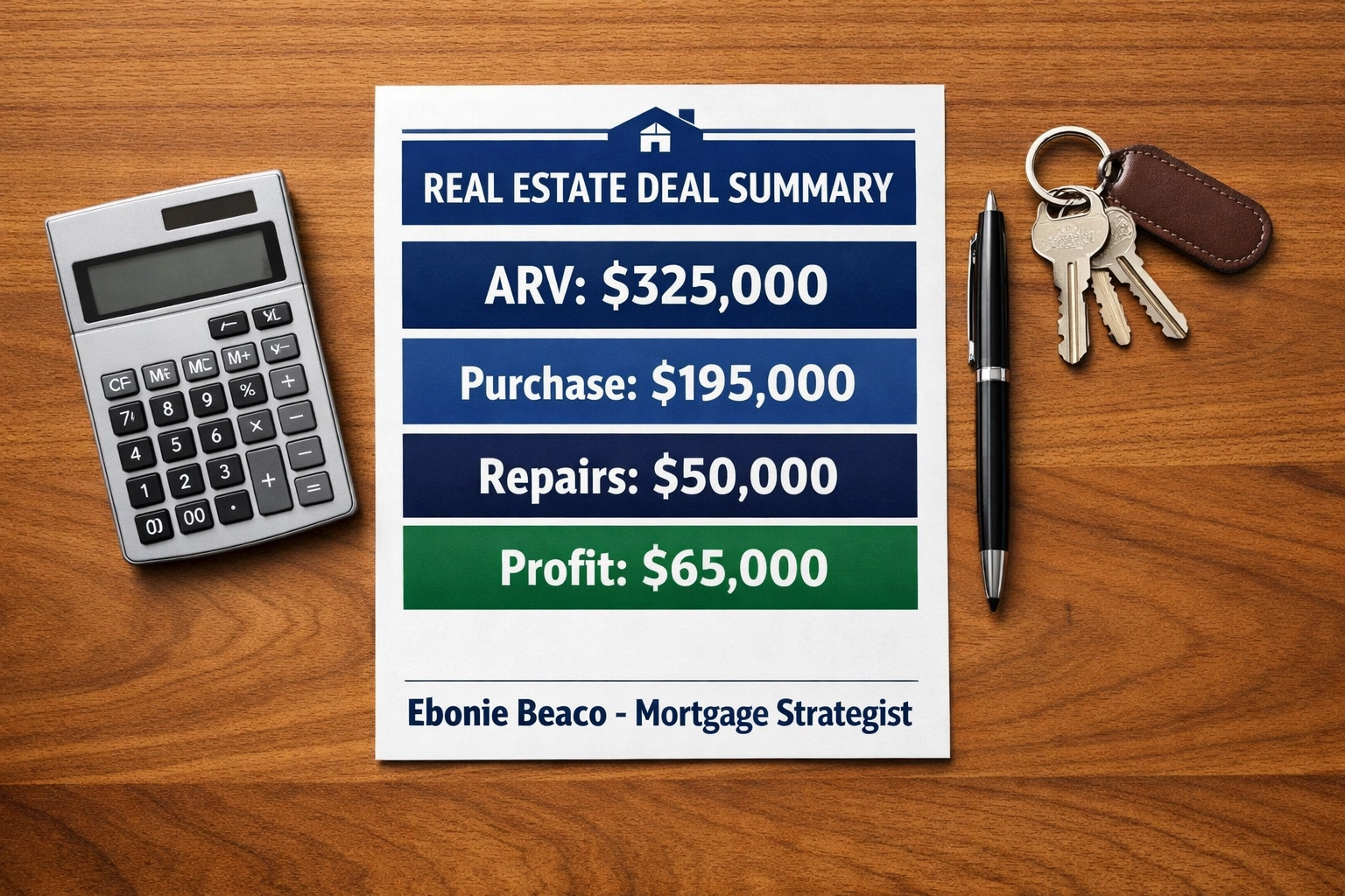 Real estate investment financial breakdown on a desk showing profit projections for a Florida wholesaling deal.
