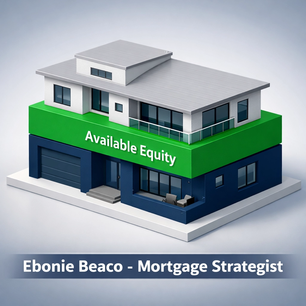 Graphic showing a home equity breakdown and loan-to-value limits to calculate available credit for a HELOC borrower.