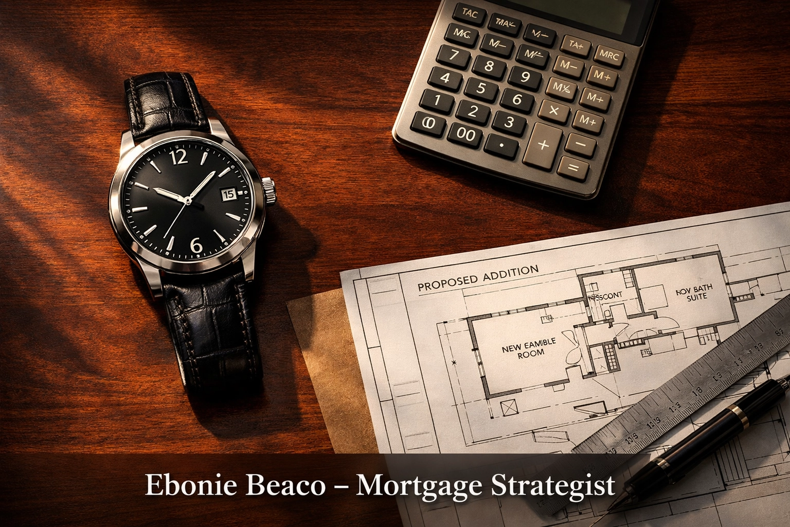 Planning a home addition with a calculator and blueprints to manage HELOC repayment and interest-only periods.