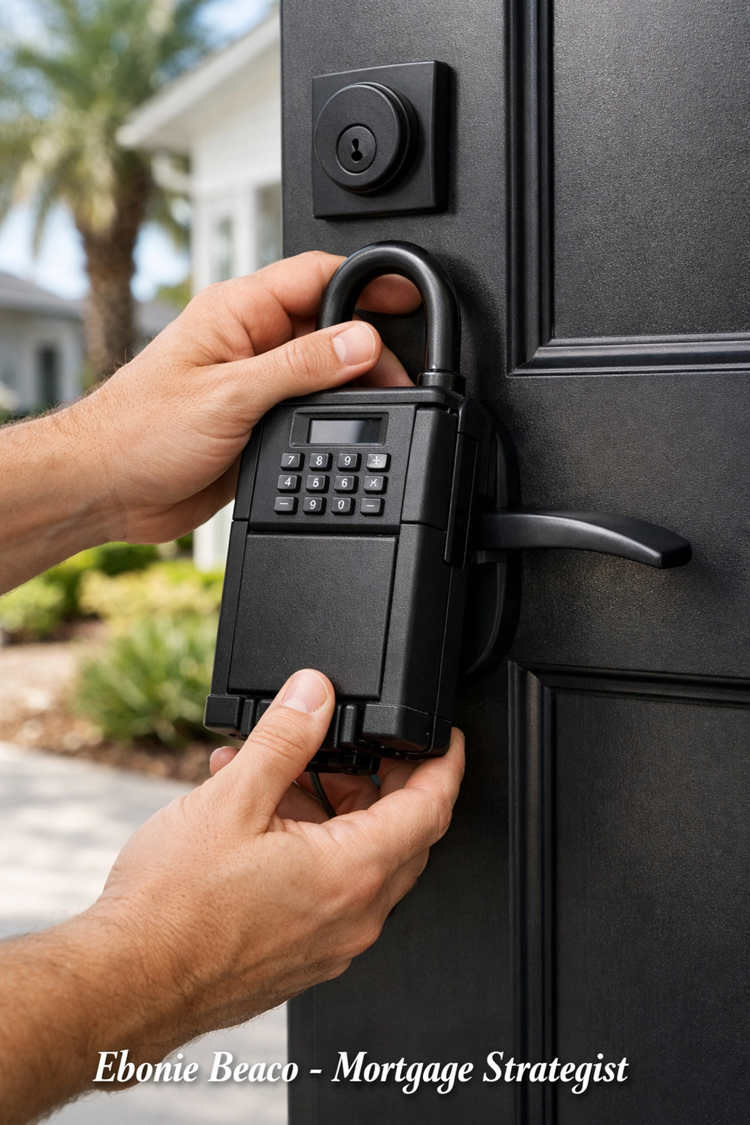 Installing a real estate lockbox on a front door to manage property access for wholesale investors.