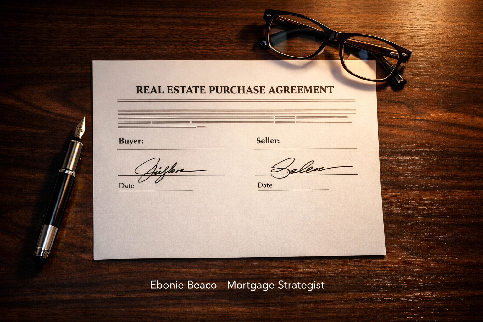 Signed real estate wholesale contract and purchase agreement on a desk with a fountain pen.