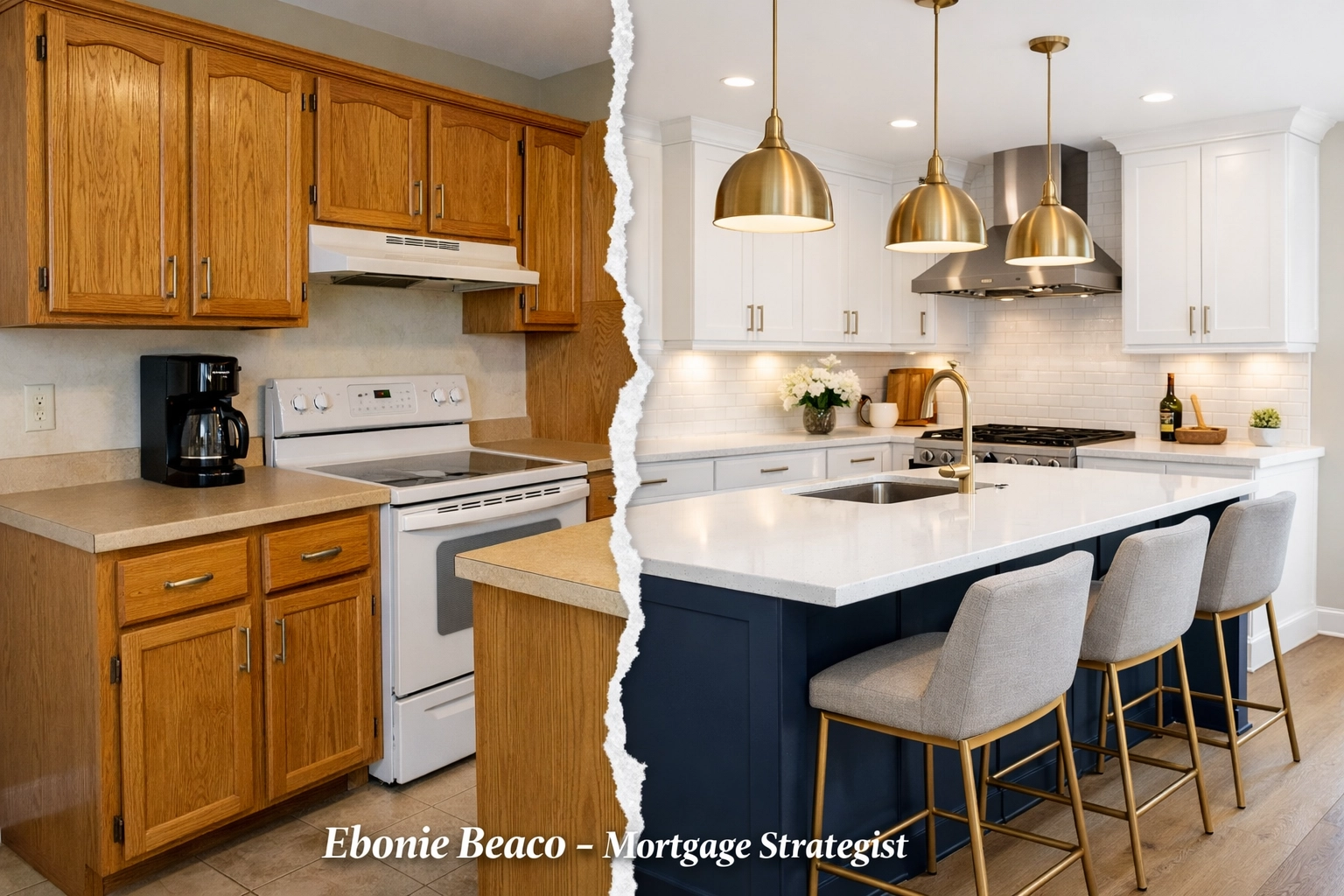 A split view showing a dated kitchen transformed into a modern space using a home equity line of credit.
