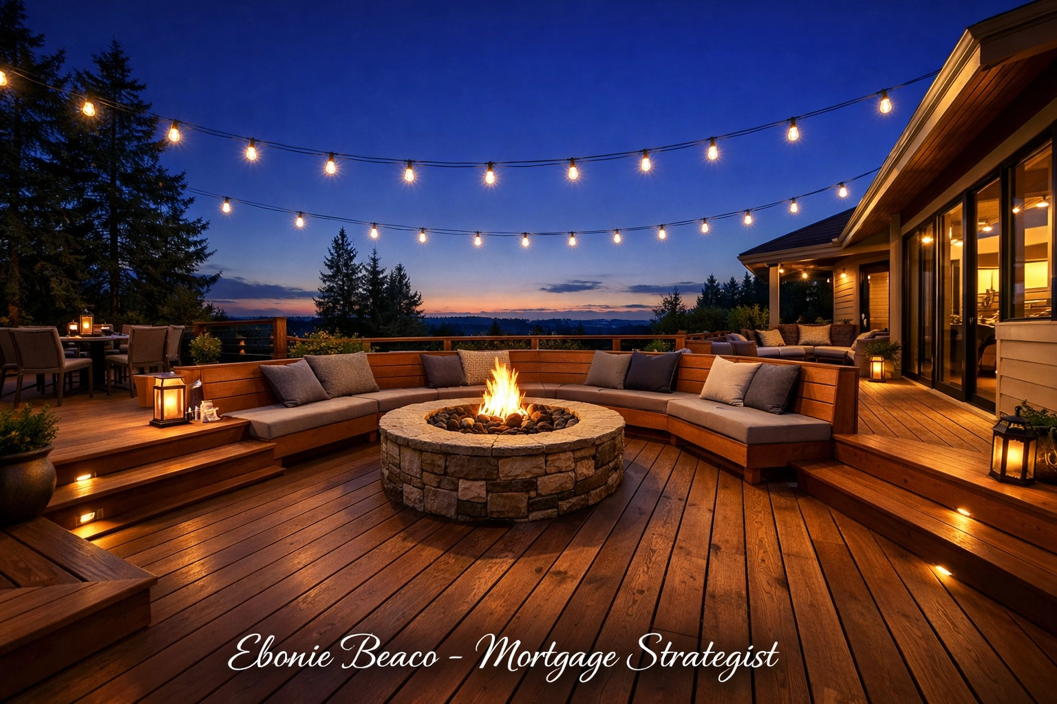 A beautiful new outdoor deck and fire pit funded through a home equity renovation strategy.
