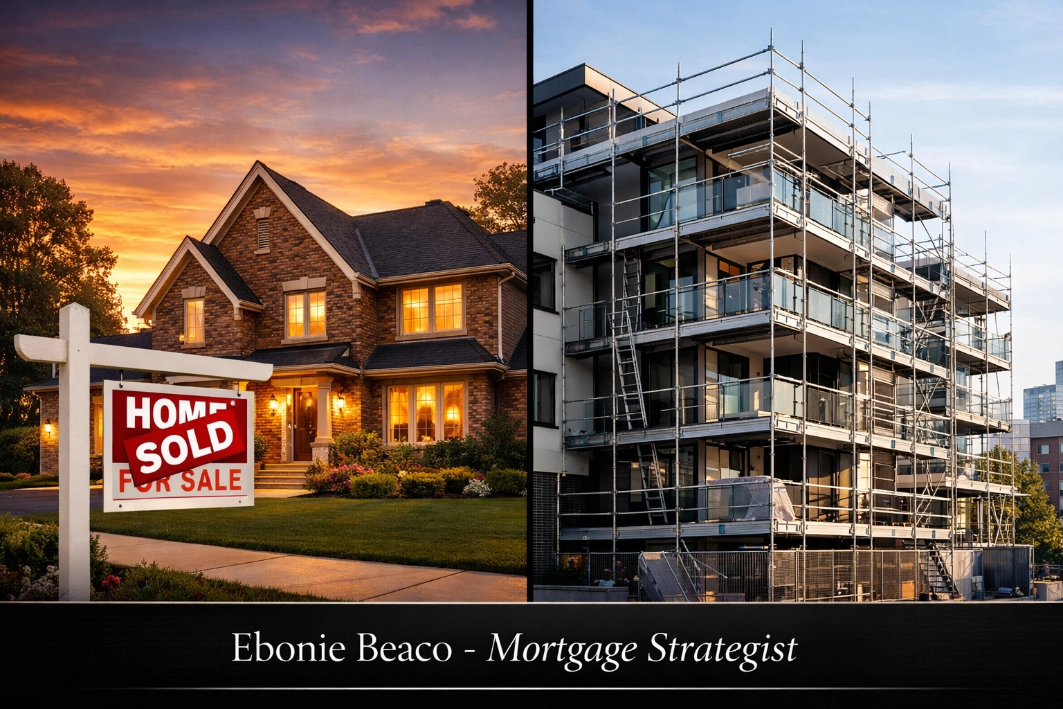 Comparison of a suburban home and a renovated building representing bridge loan and hard money collateral.