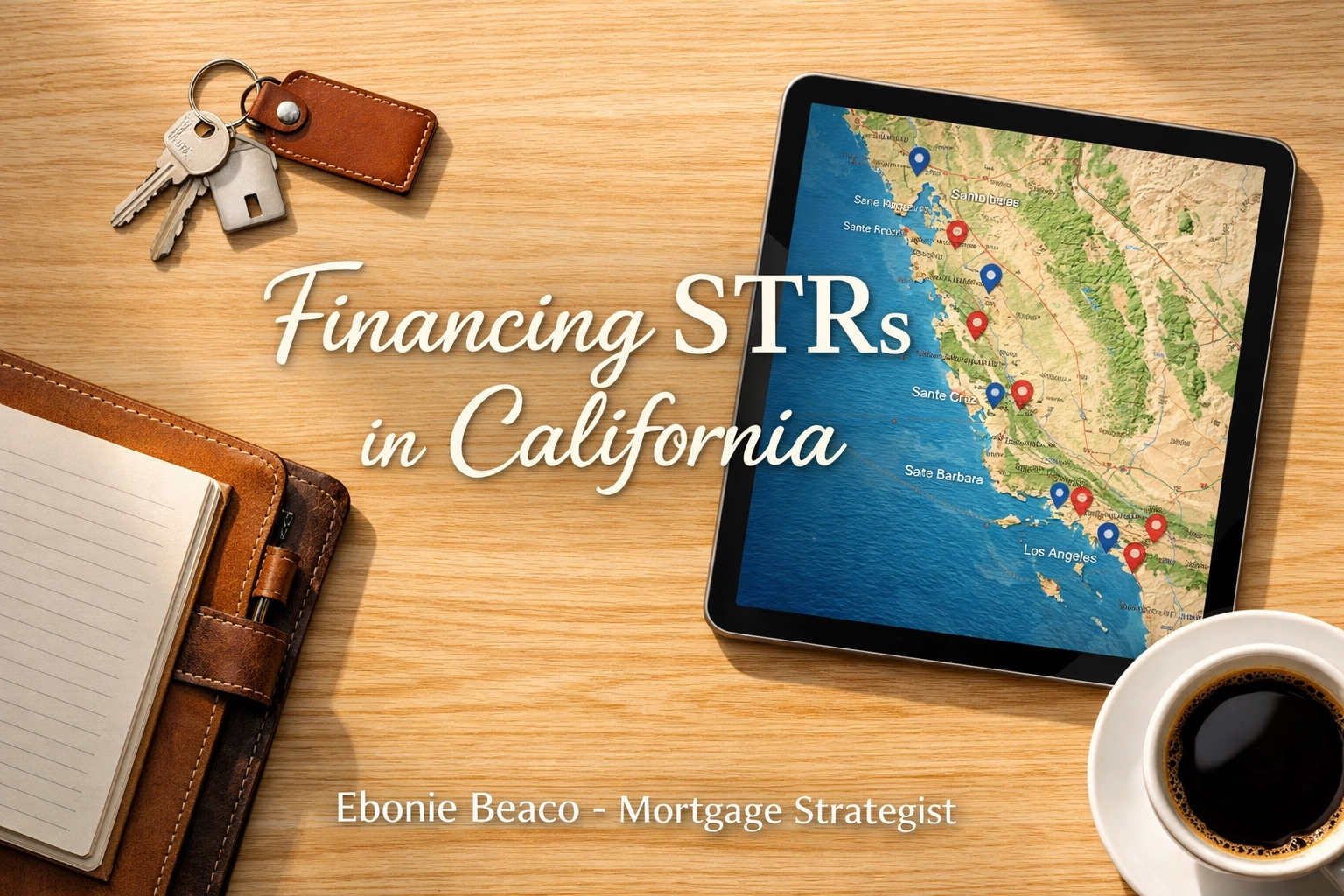 Real estate desk with keys and California map showing the mortgage process for short-term rental investors.