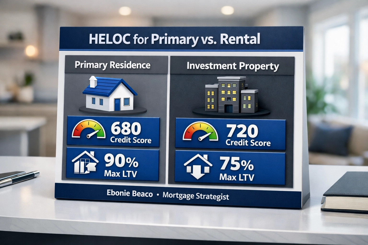 Comparison table showing HELOC requirements for primary residences versus rental properties including credit and LTV.