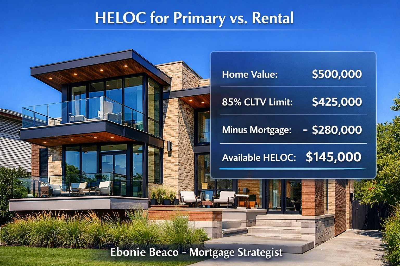 Example of a primary home equity line of credit calculation showing how much equity can be accessed for investing.